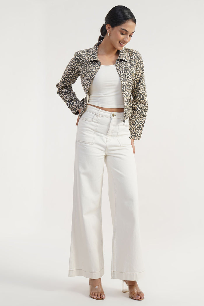 Beige stretchable cotton leopard print jacket with white high-rise wide-leg jeans, relaxed fit, sizes XS-XL