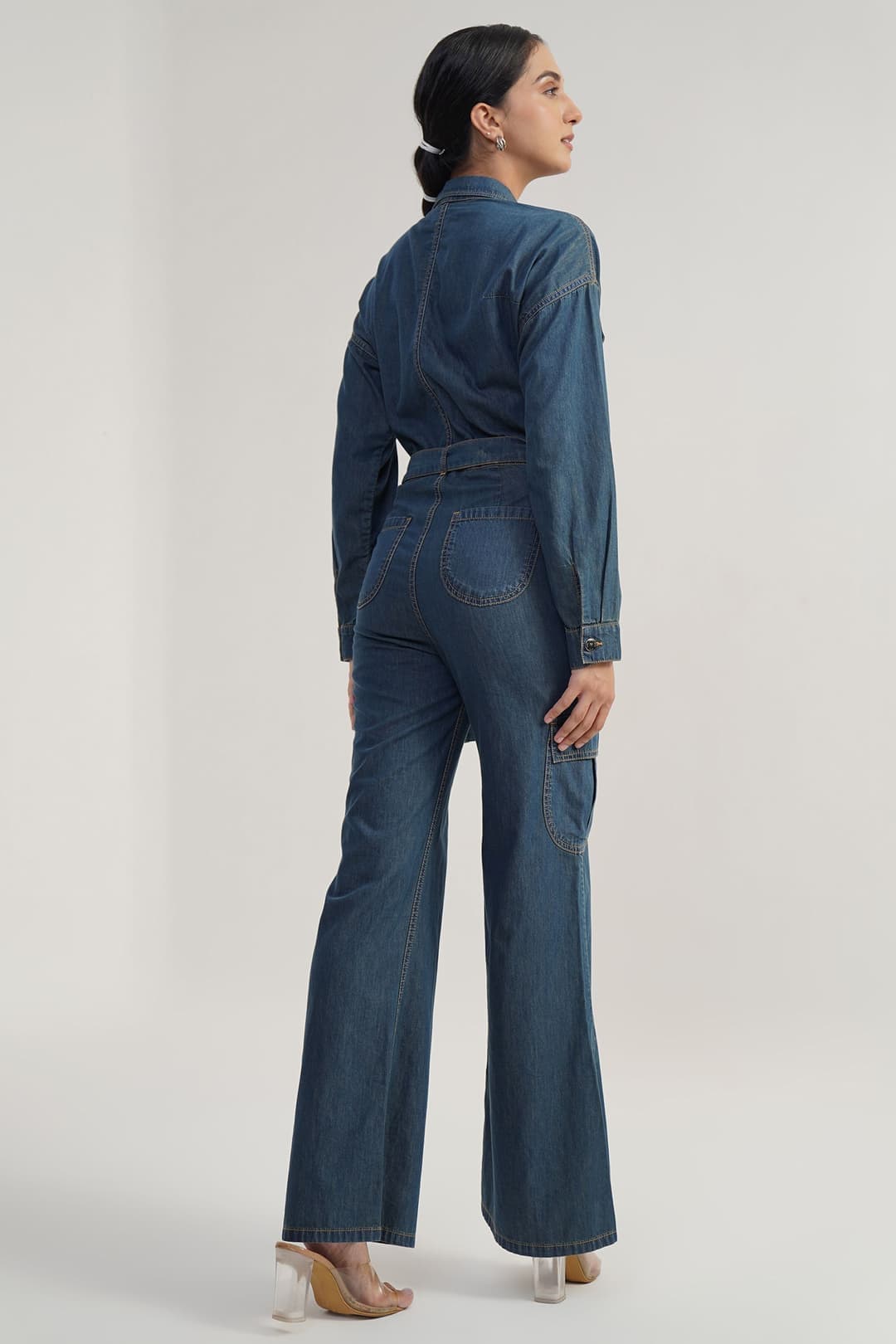 Belted Workwear | Rinse Wash Denim Jumpsuit with Belt - Image 3