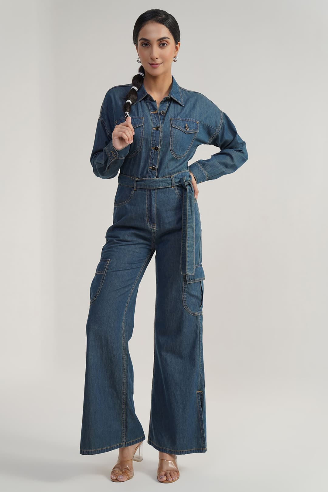 Belted Workwear | Rinse Wash Denim Jumpsuit with Belt - Image 5
