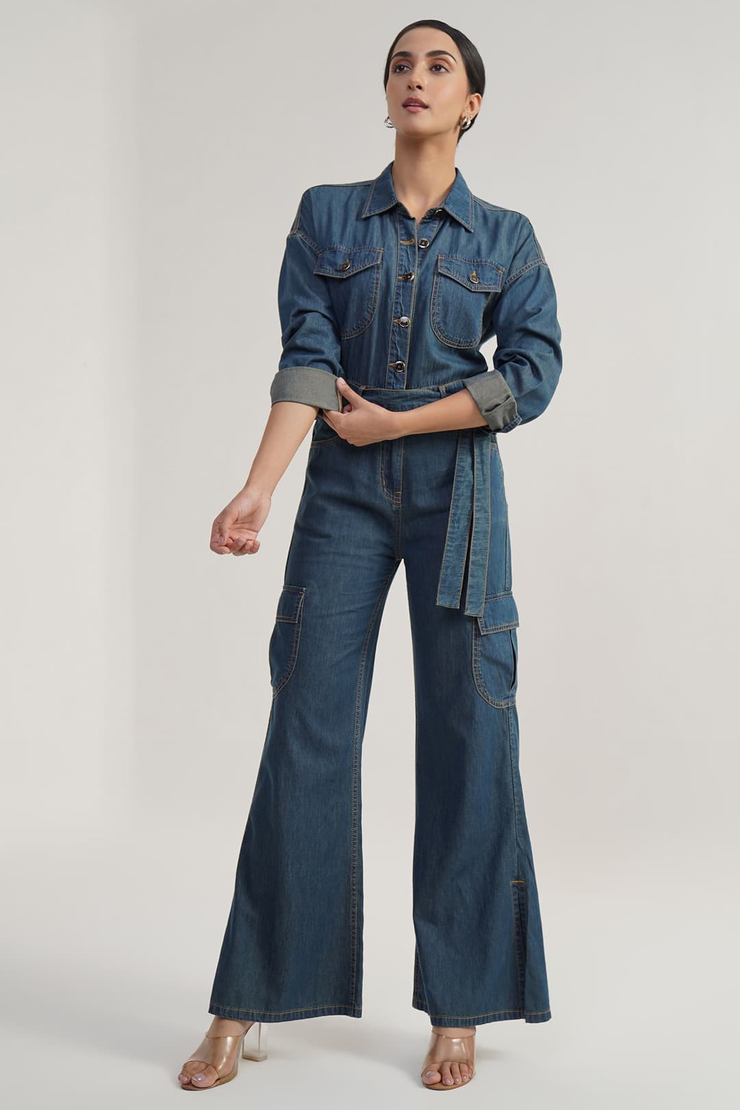 Belted Workwear | Rinse Wash Denim Jumpsuit with Belt - Image 7