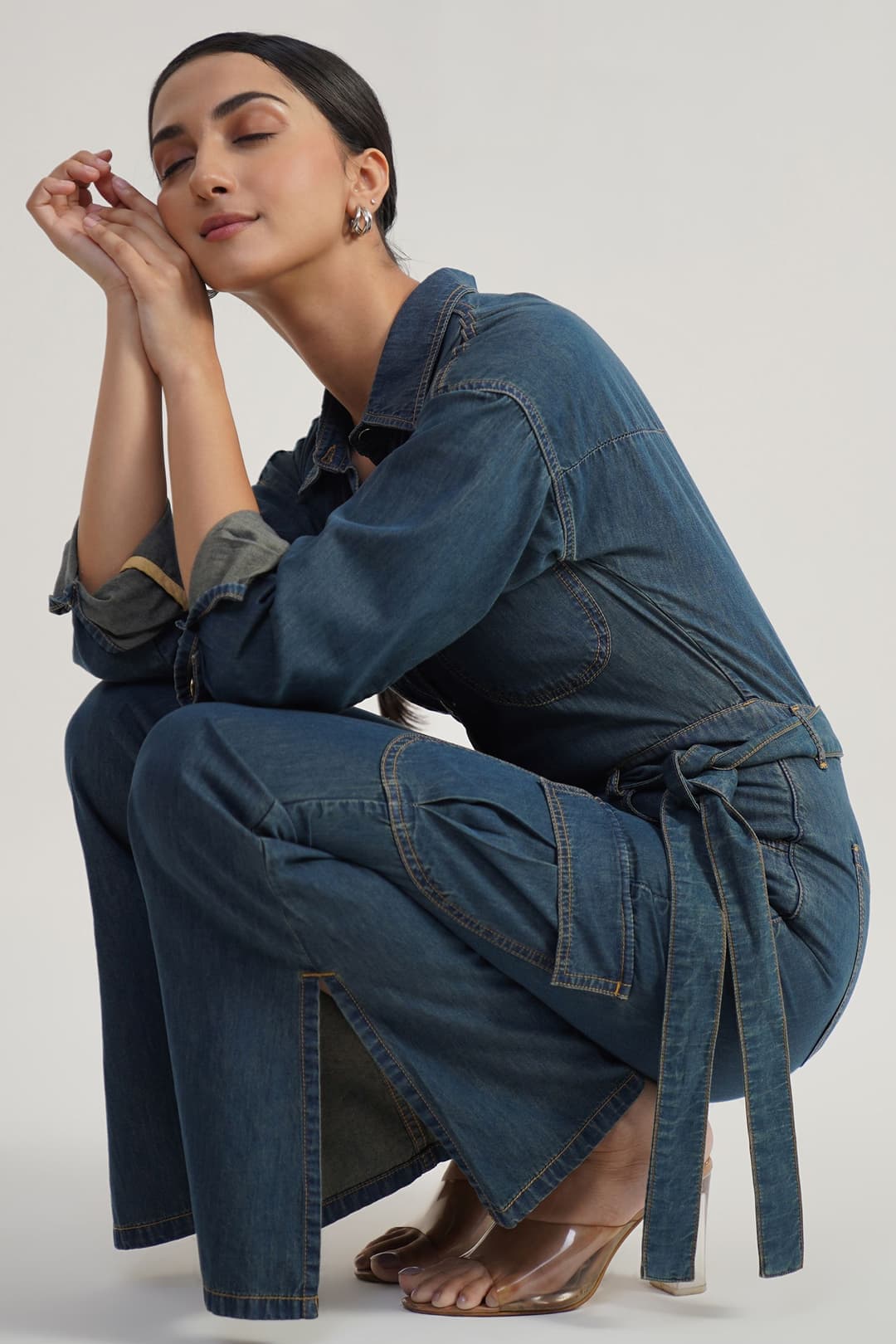 Belted Workwear | Rinse Wash Denim Jumpsuit with Belt - Image 8