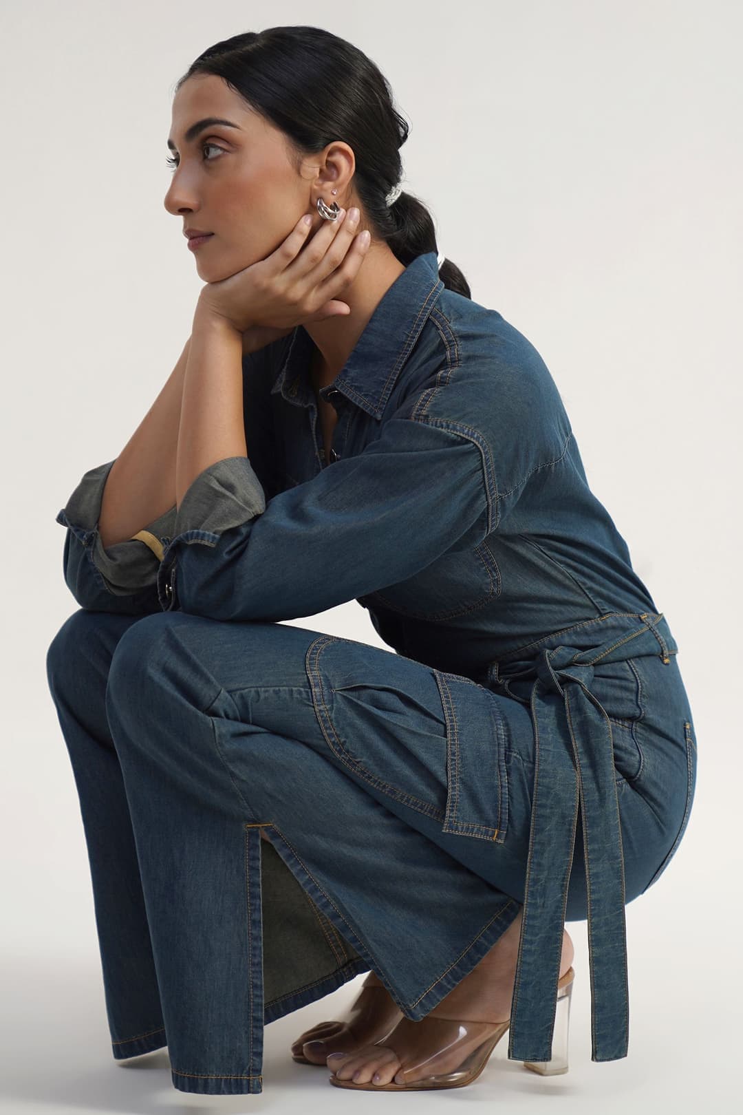 Belted Workwear | Rinse Wash Denim Jumpsuit with Belt - Image 9