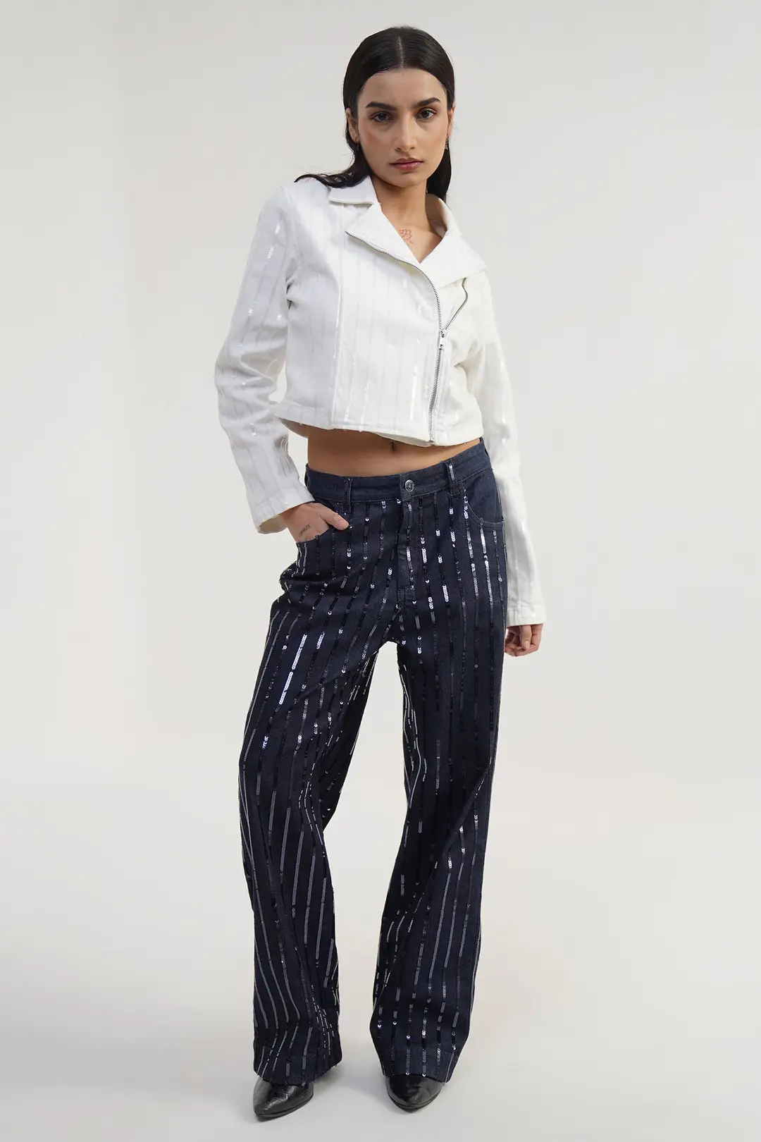 SHINE SET | Sequin Stripe Biker Cropped Jacket with Sequin Jeans - Image 7