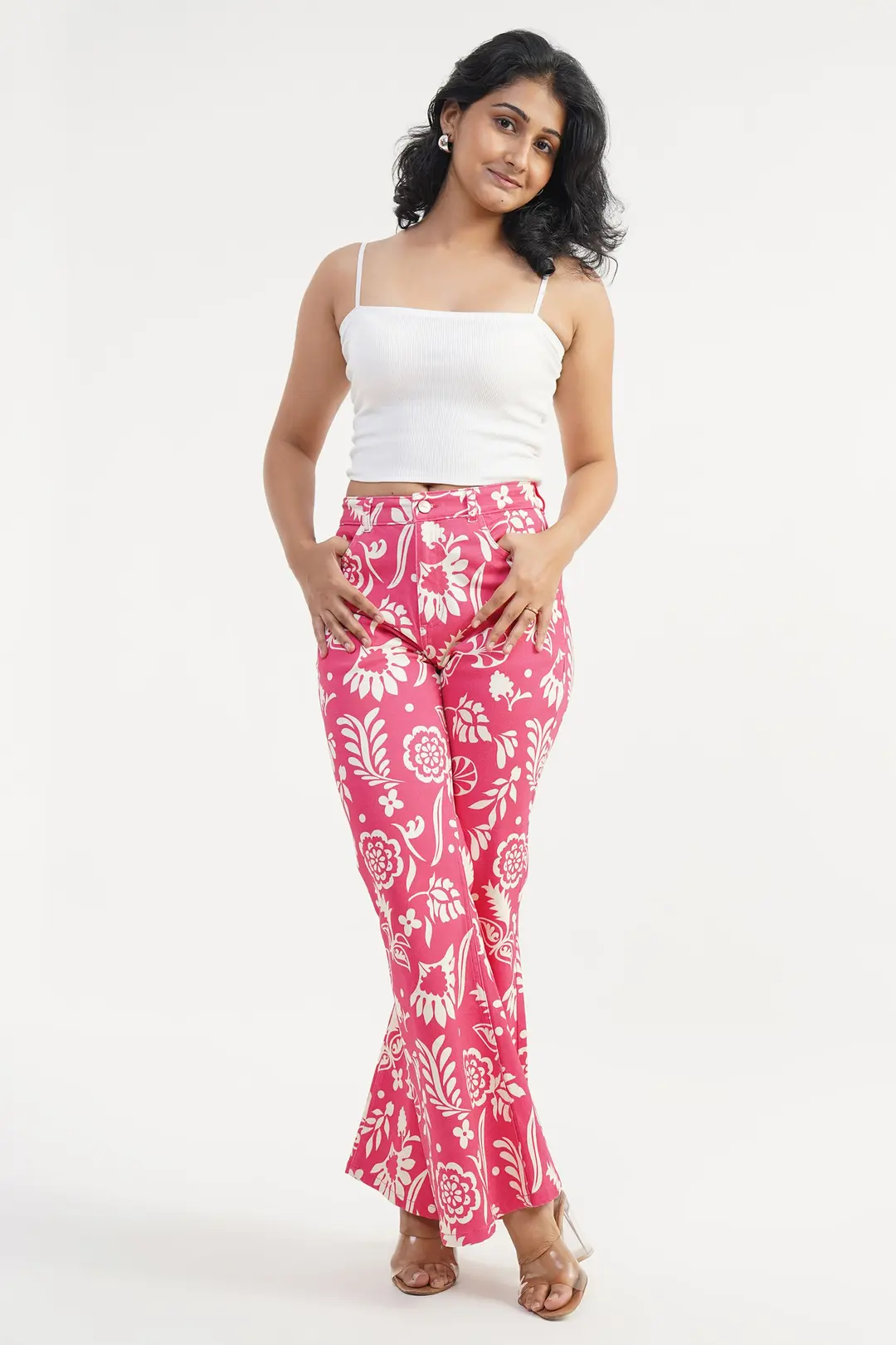 Tropical Flare | Floral Digital Print High Rise Flare Leg Jeans