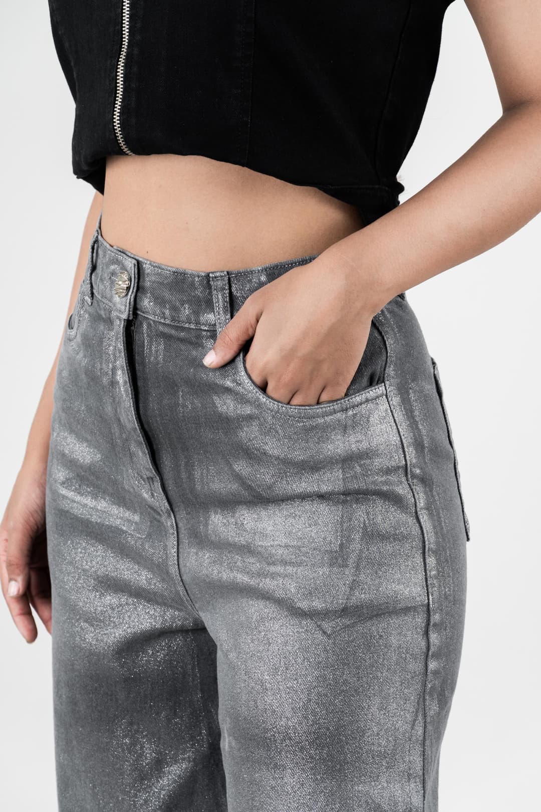 Grey Gleam | Denim Silver Foil Jeans - Image 6