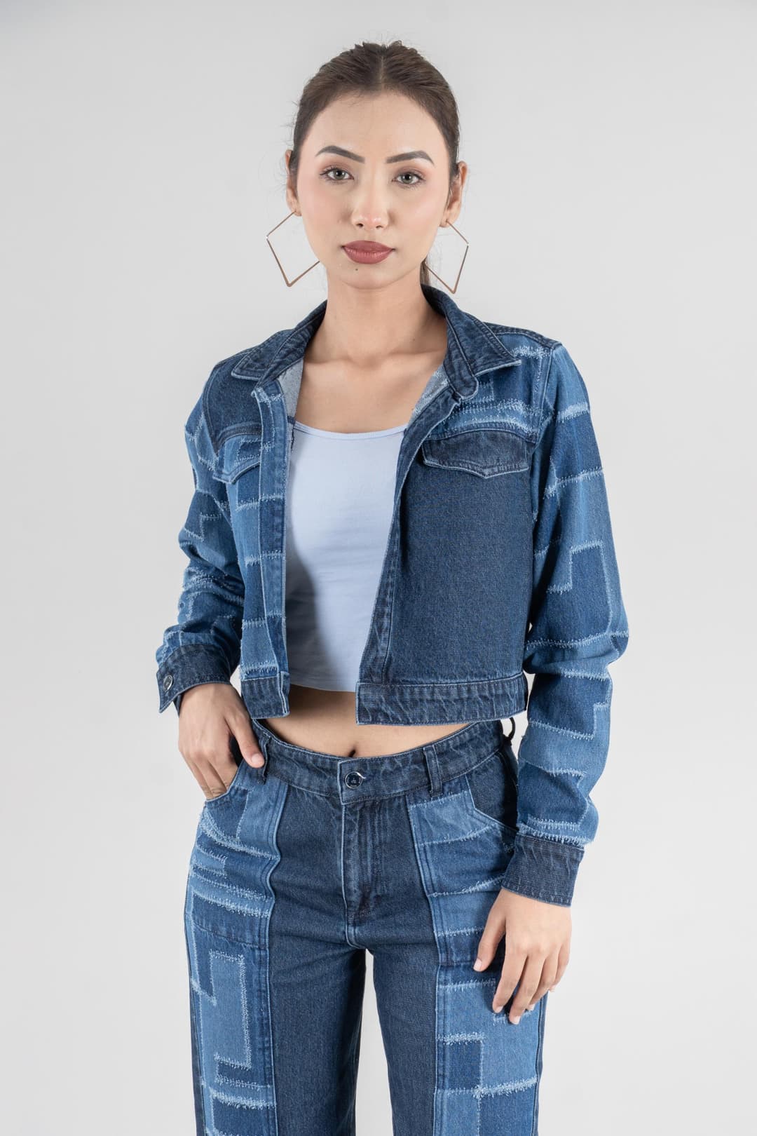Drill District 2 | Laser Drill Printed Denim Crop Jacket with Jeans - Image 4