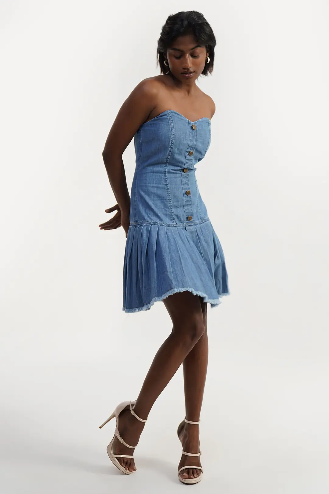 Denim Strapless Pleated Hem Dress