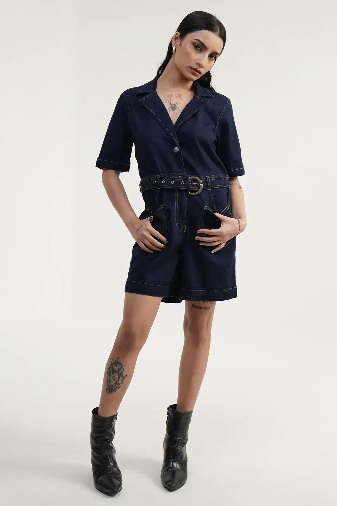 Rinse Wash Short Jumpsuit with Belt