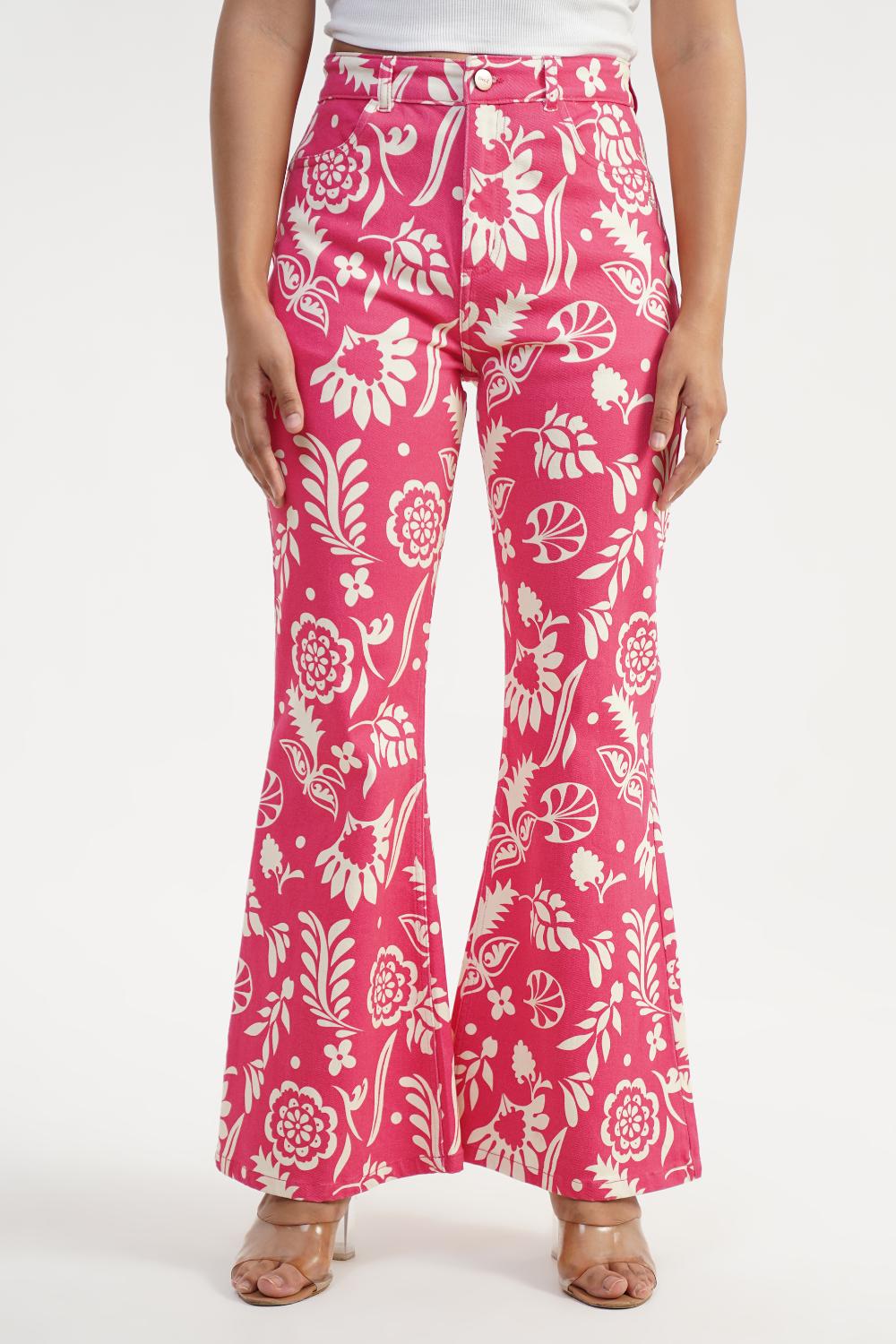 Tropical Flare | Floral Digital Print High Rise Flare Leg Jeans