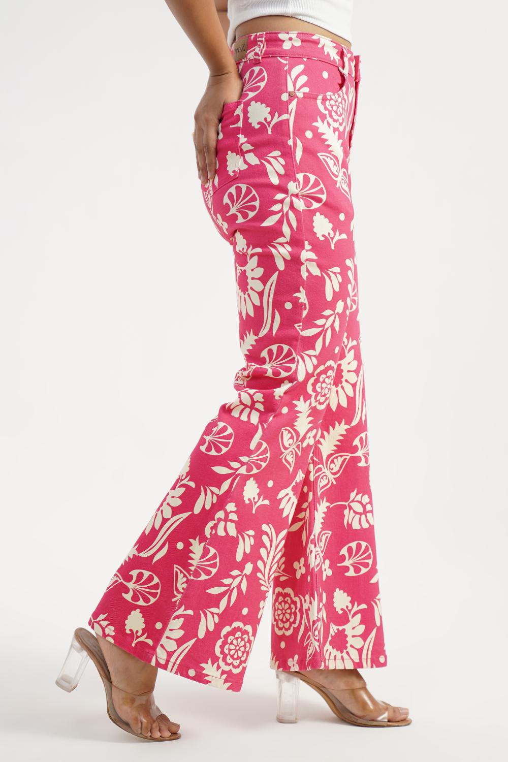 Tropical Flare | Floral Digital Print High Rise Flare Leg Jeans
