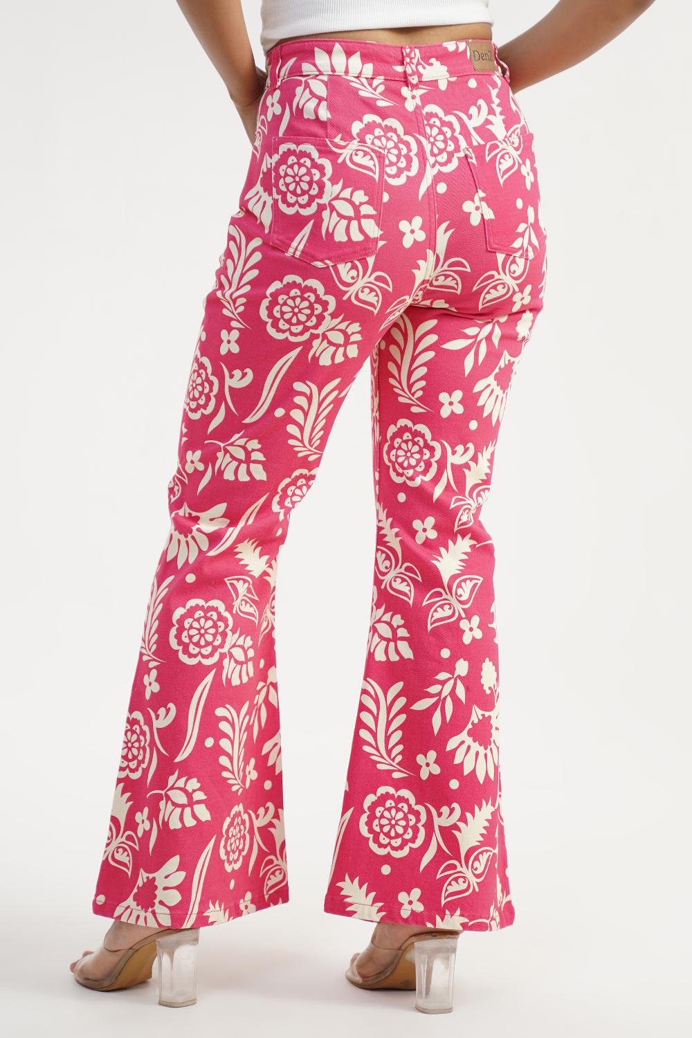 Tropical Flare | Floral Digital Print High Rise Flare Leg Jeans