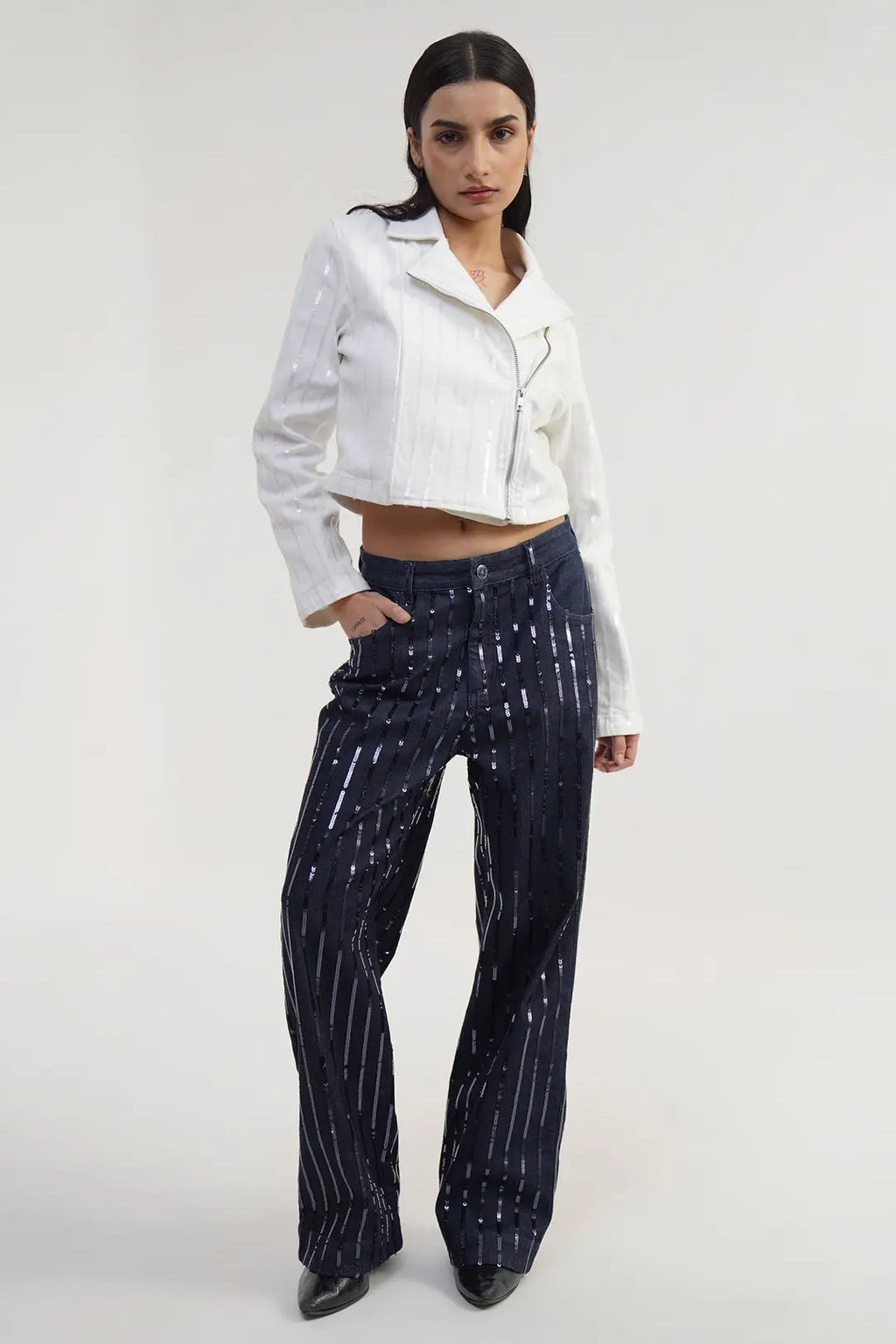 SHINE SET | Sequin Stripe Biker Cropped Jacket with Sequin Jeans