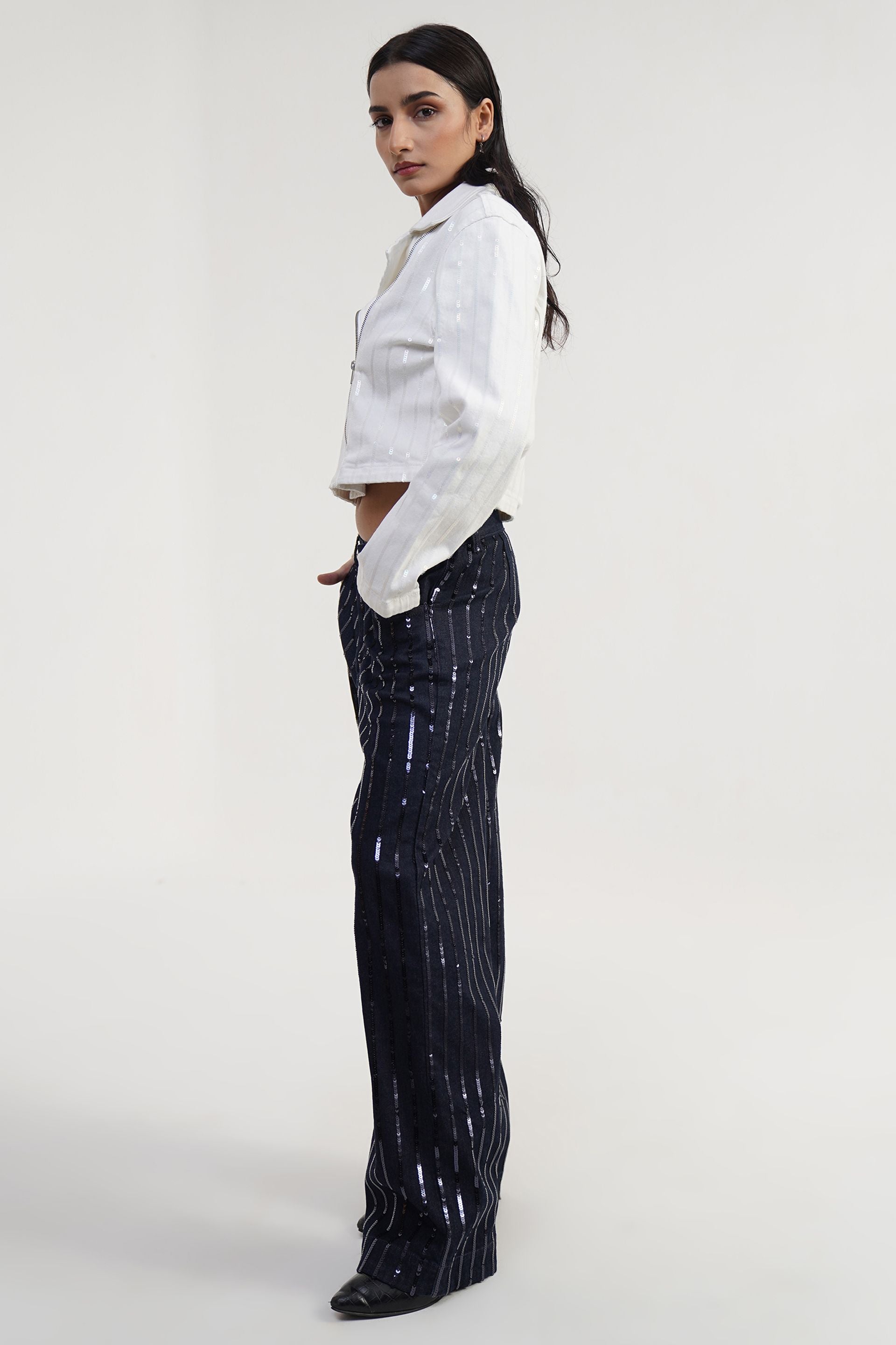 SHINE SET | Sequin Stripe Biker Cropped Jacket with Sequin Jeans