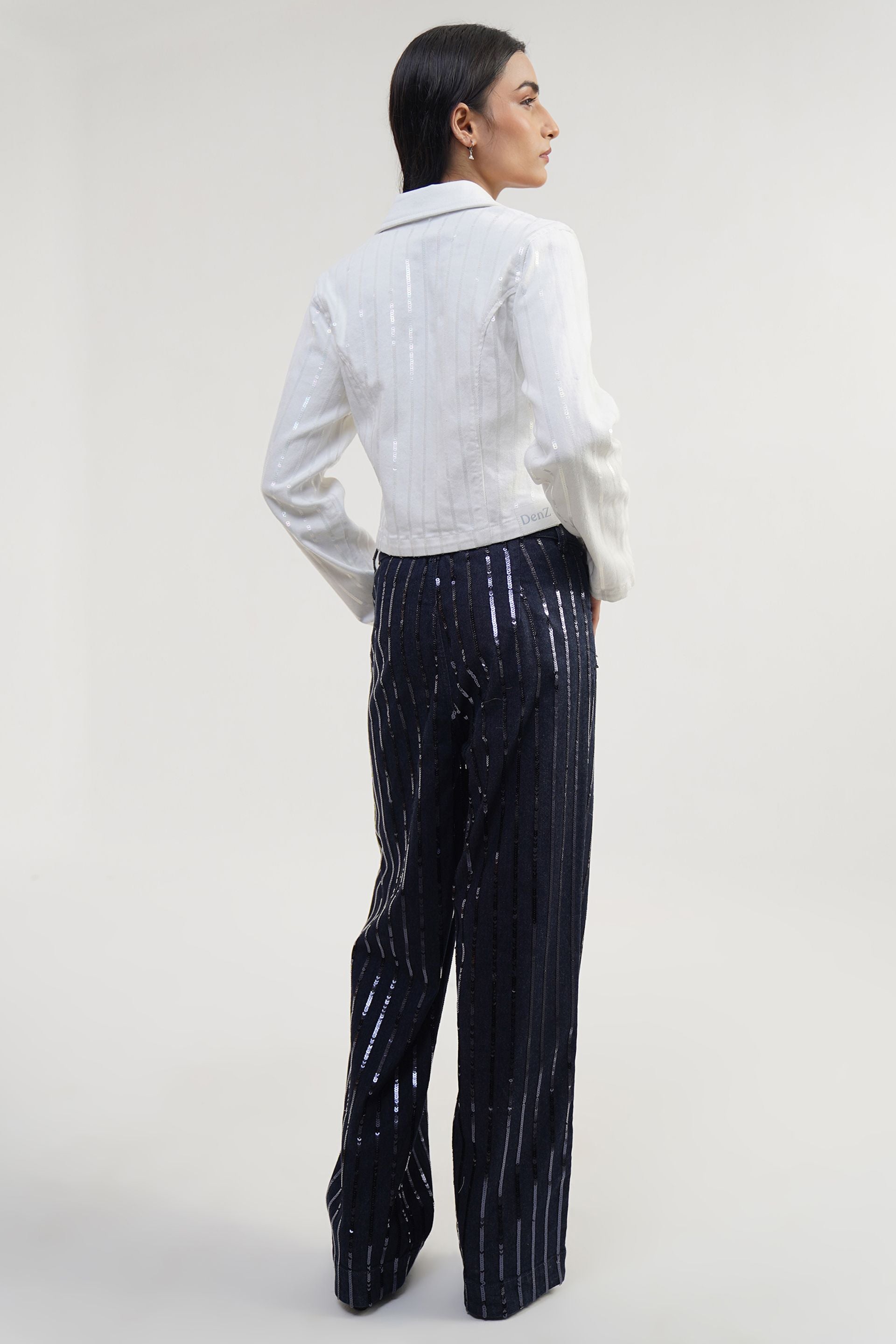 SHINE SET | Sequin Stripe Biker Cropped Jacket with Sequin Jeans