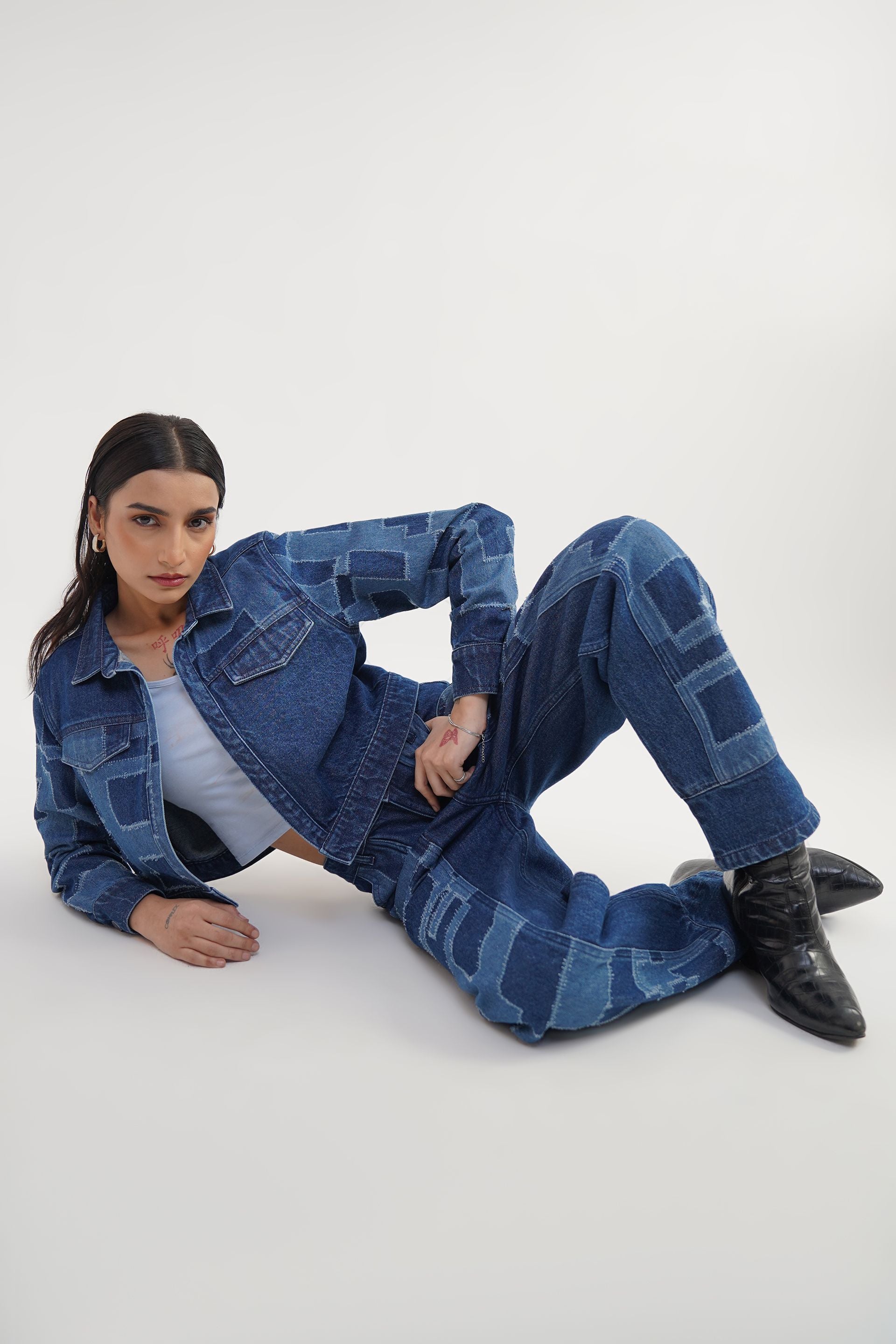 Drill District | Laser Drill Printed Denim Crop Jacket with Jeans