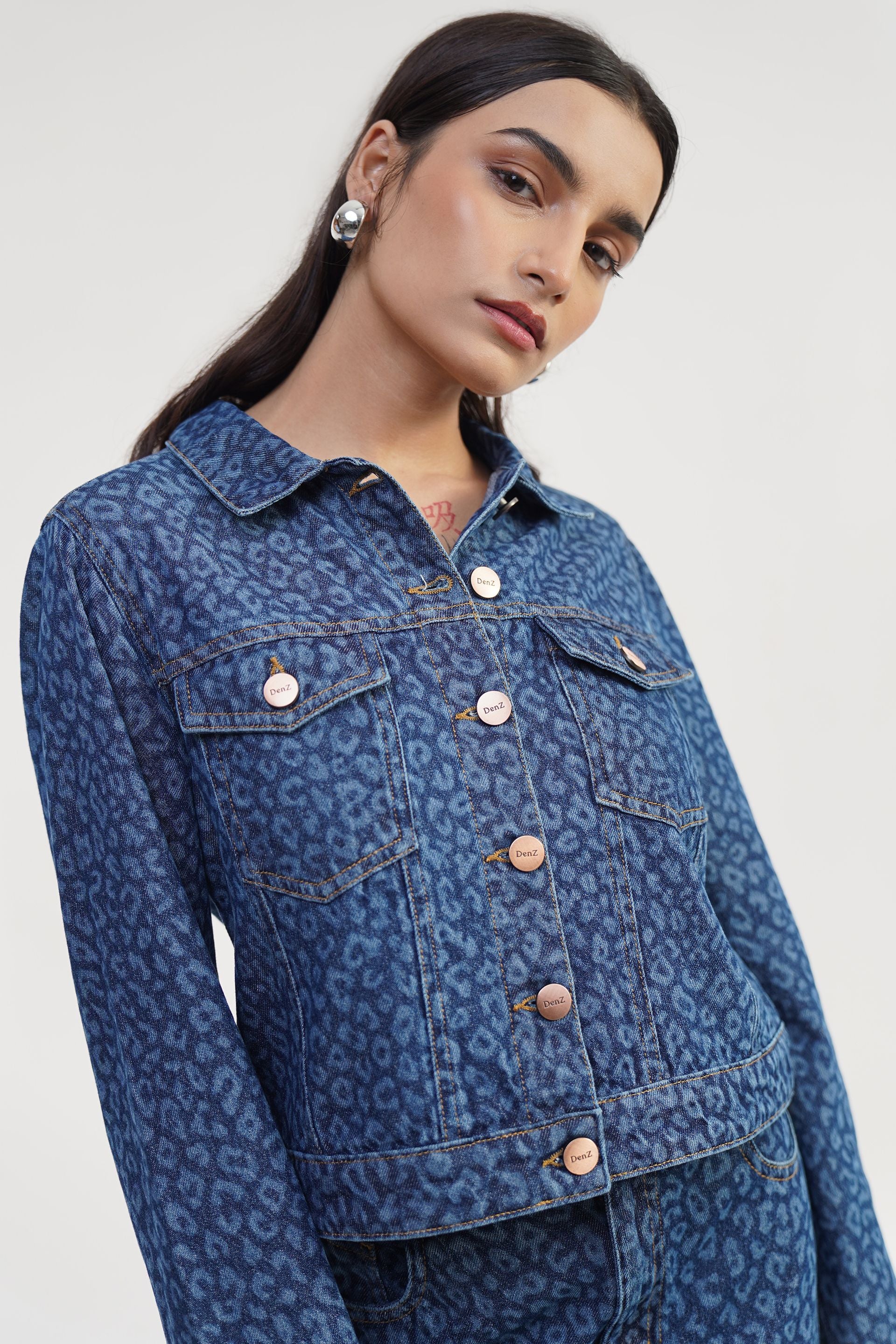 Navy crop jacket in 100% cotton denim with leopard print detail, minimal style, sizes XS-XL, made in India