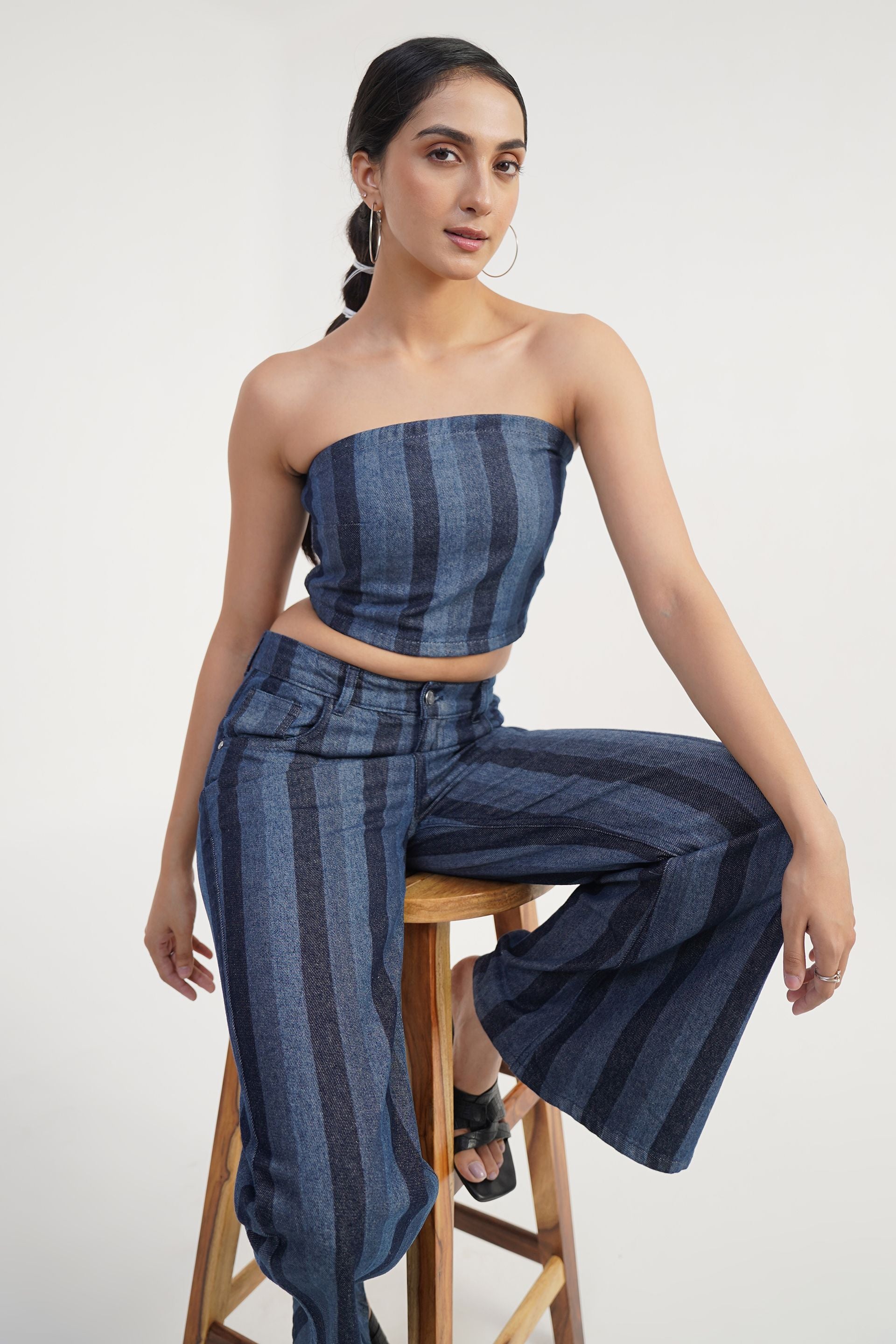 ToneShift Co-ord | stripe laser print crop top with flare leg jeans