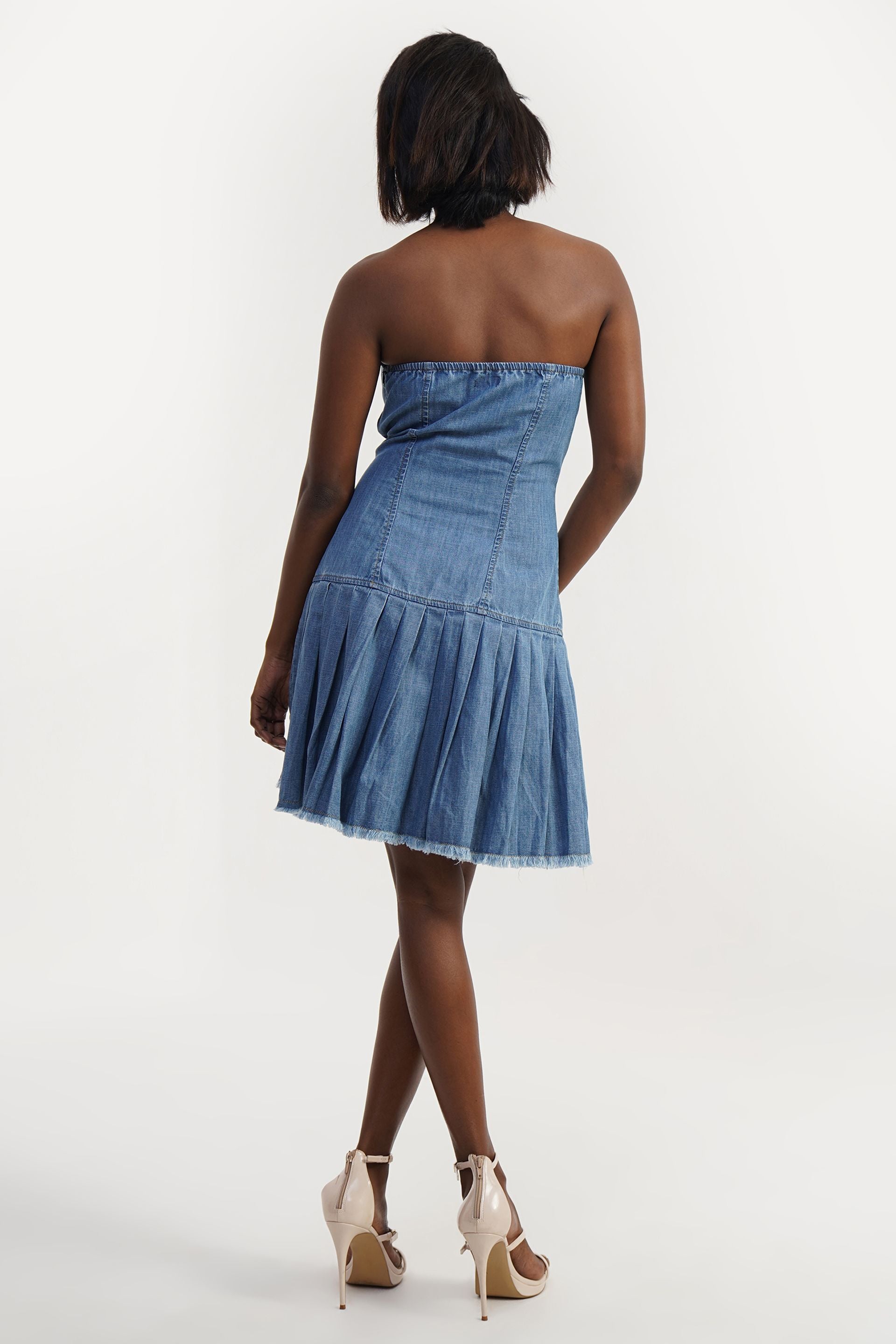 Strapless Button | Denim Strapless Pleated Hem Dress