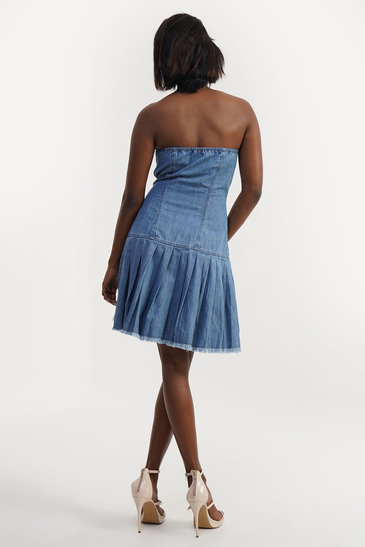 Strapless Button | Denim Strapless Pleated Hem Dress
