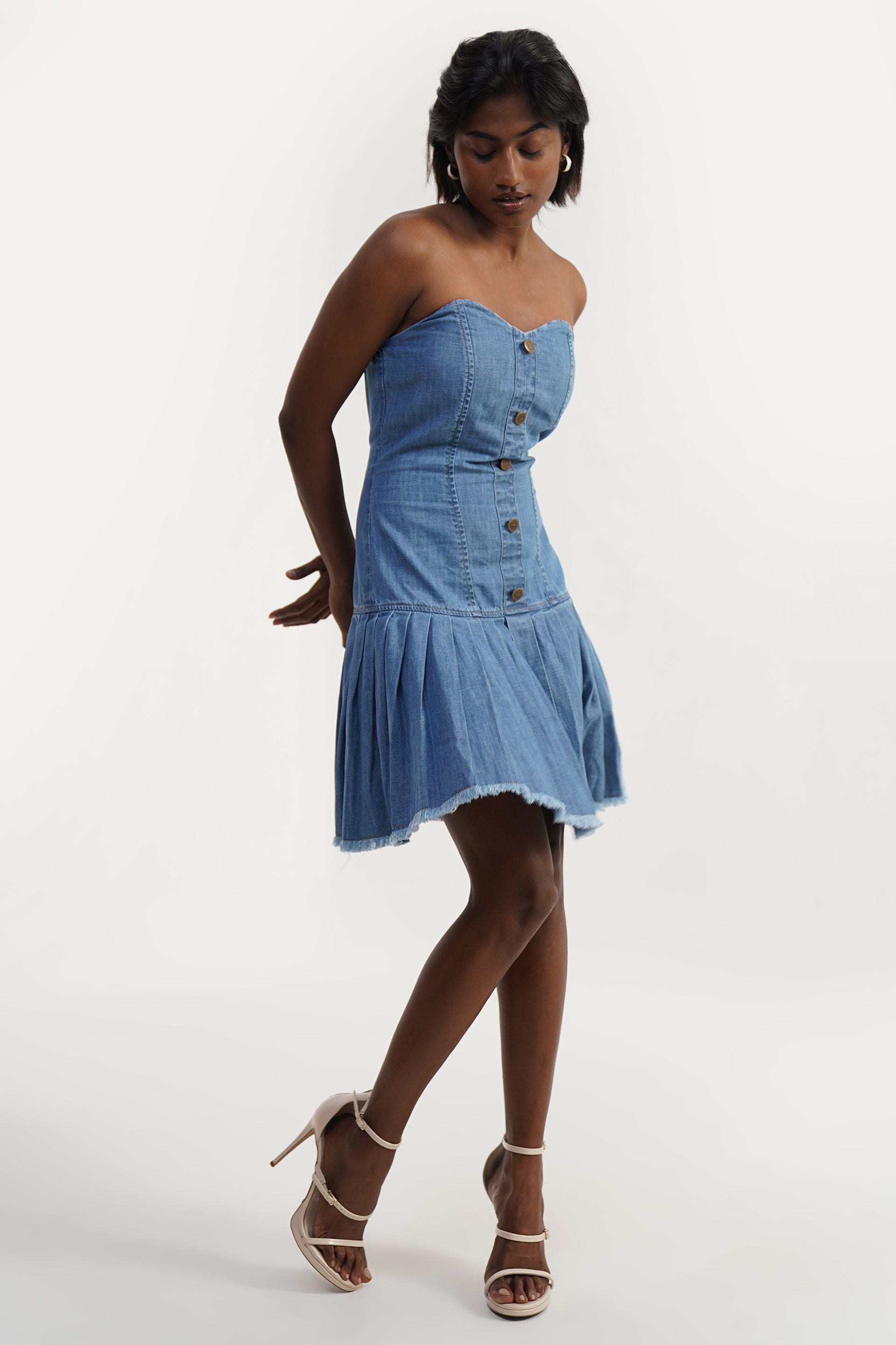 Strapless Denim Bustier Dress with Frayed Hem