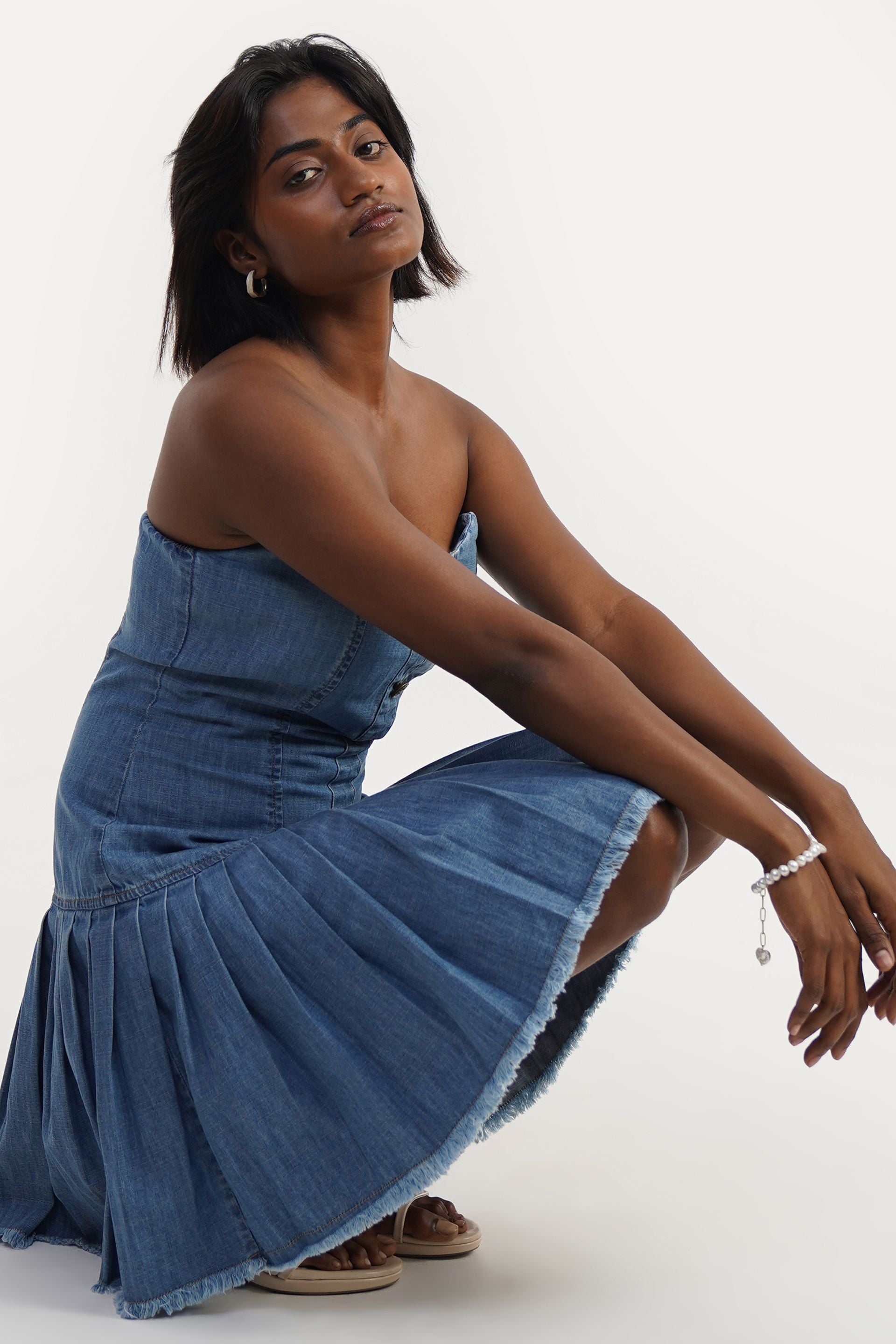 Strapless Button | Denim Strapless Pleated Hem Dress
