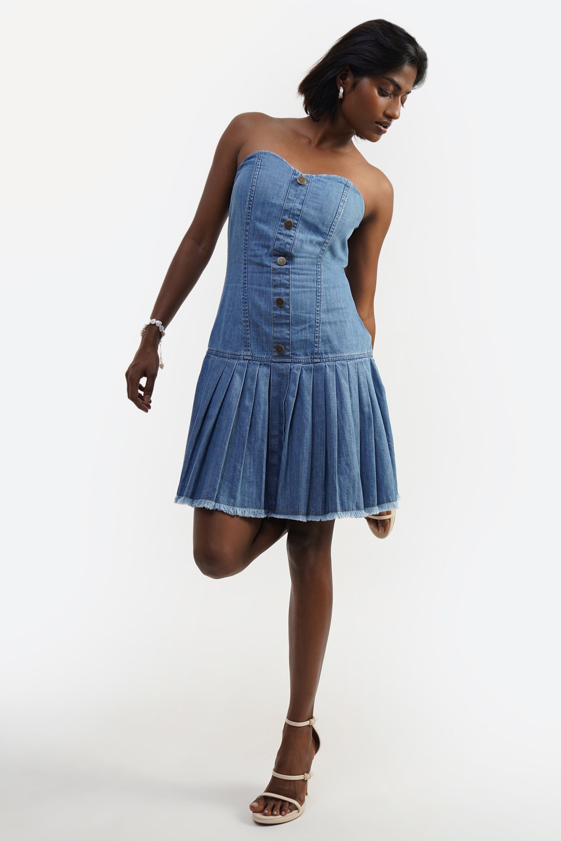 Strapless Button | Denim Strapless Pleated Hem Dress