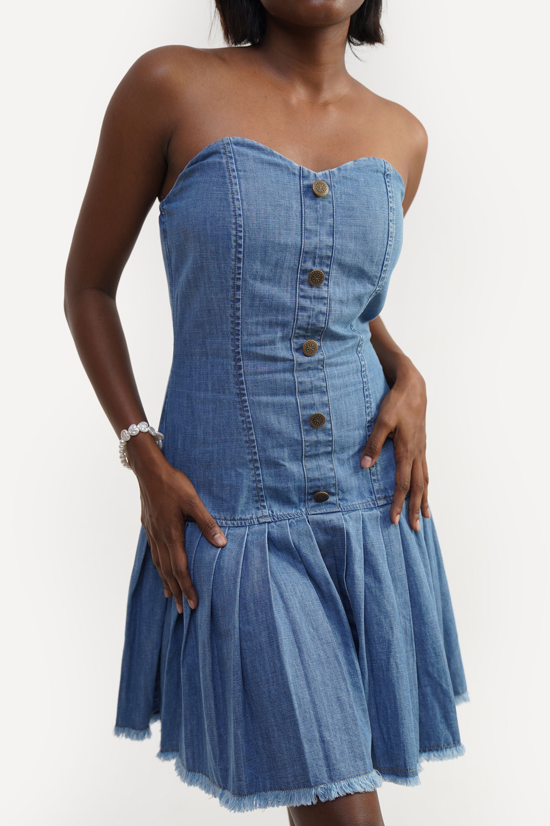 Strapless Button | Denim Strapless Pleated Hem Dress