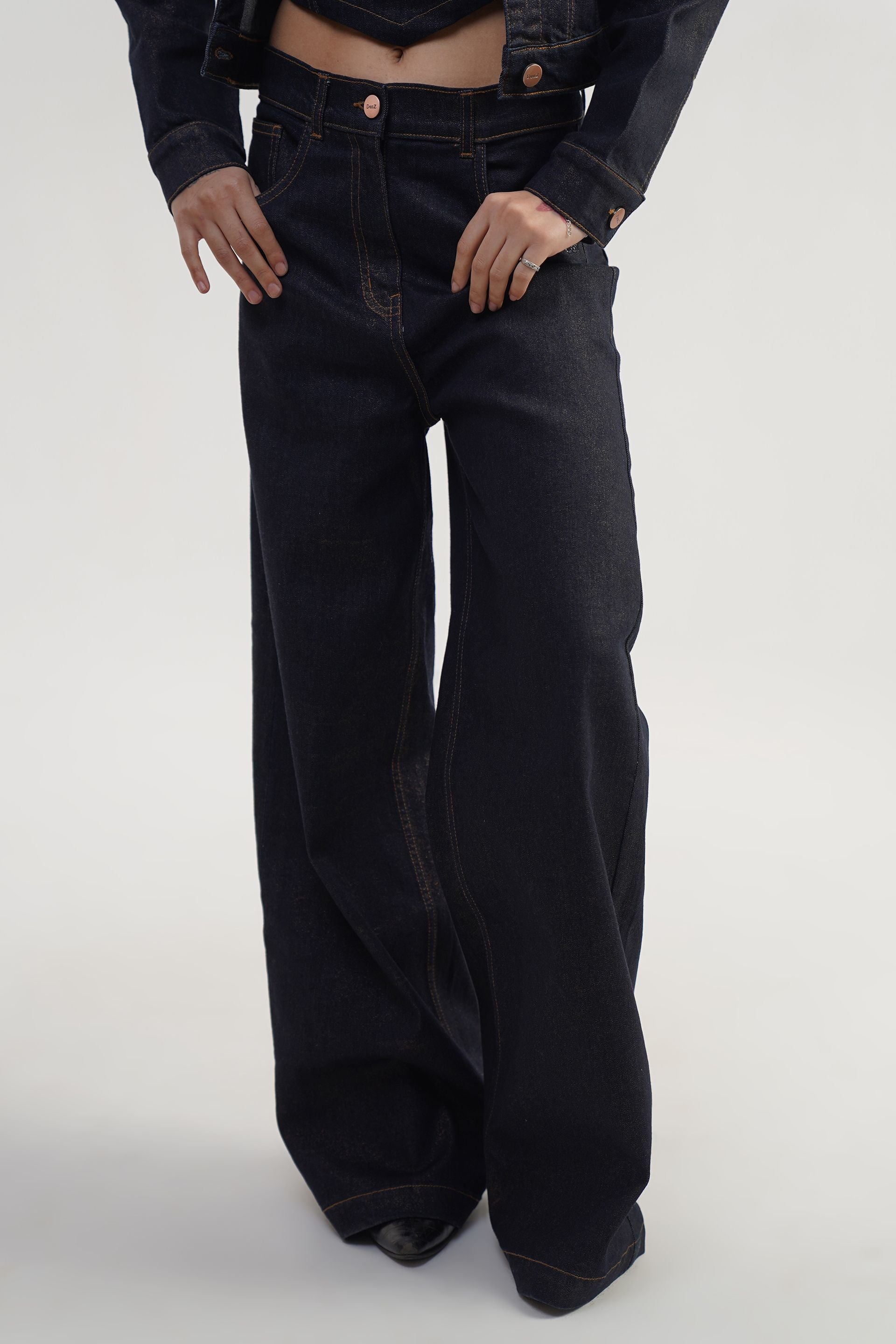 Black straight leg denim jeans with subtle glitter, minimal look, rinse wash, sizes 26-34 from India