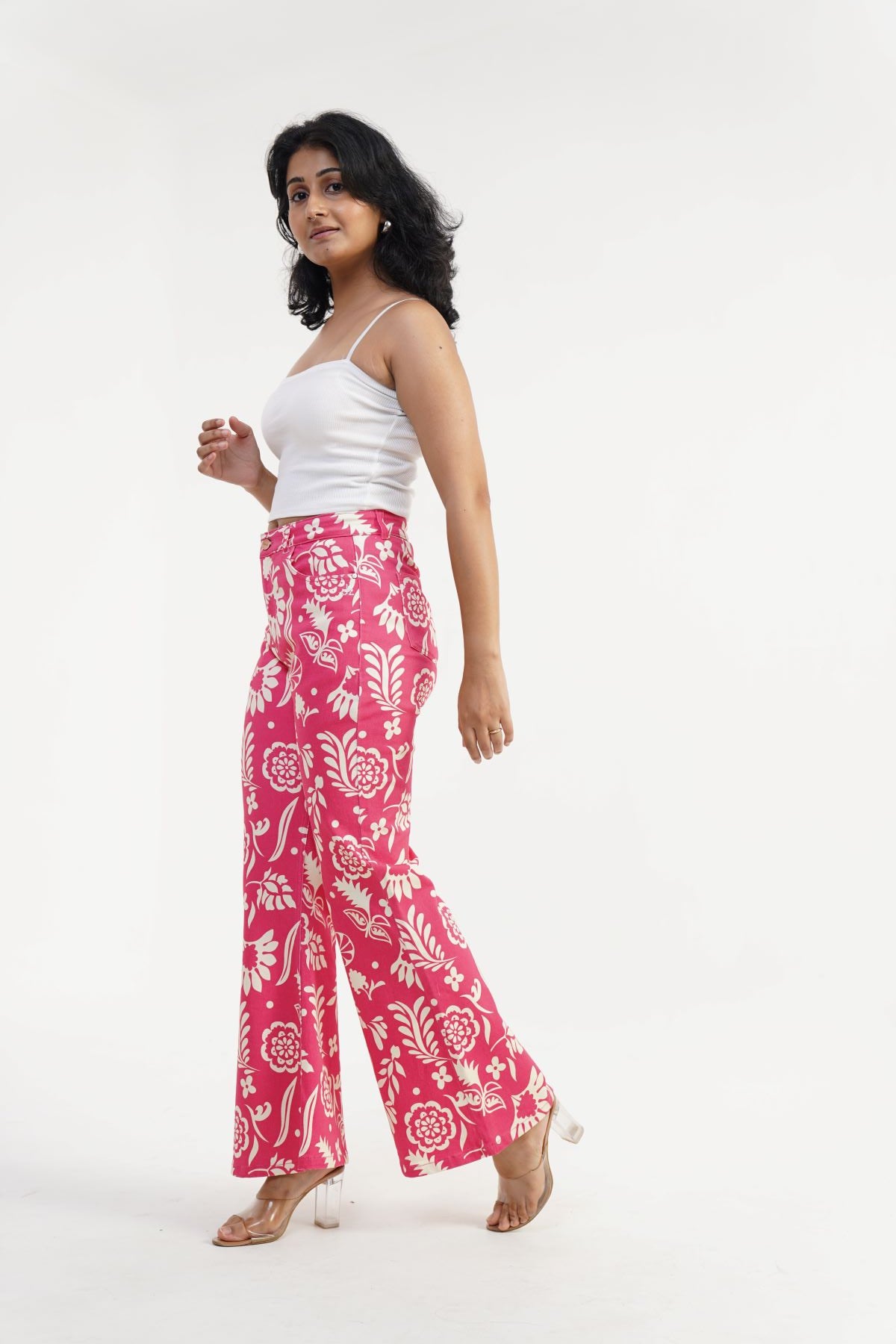 Tropical Flare | Floral Digital Print High Rise Flare Leg Jeans