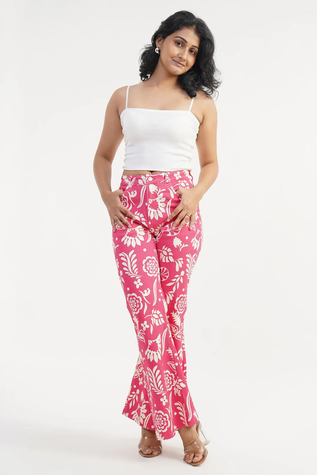 Tropical Flare | Floral Digital Print High Rise Flare Leg Jeans