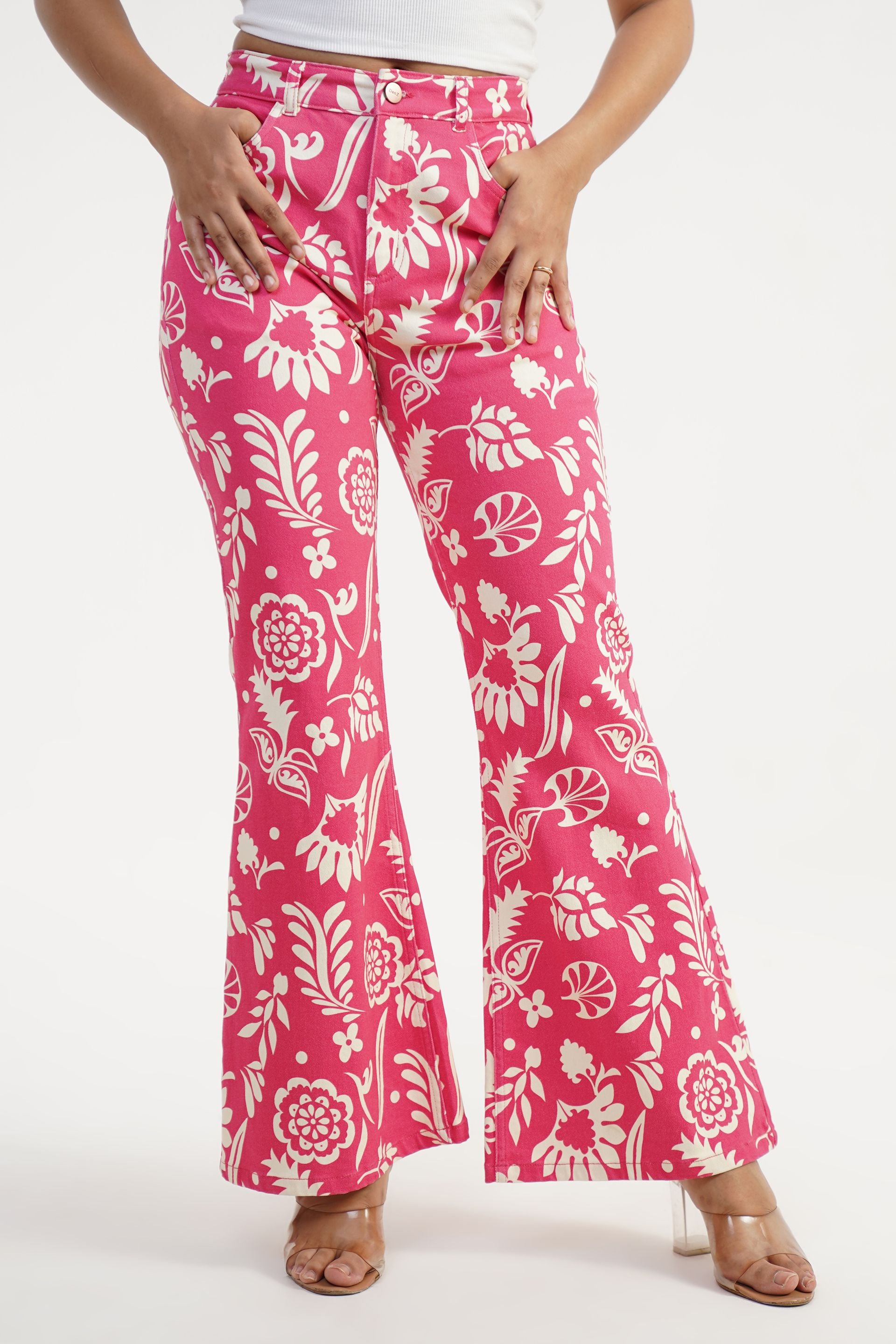 FloraFlare Tropic Bloom pink flare leg jeans, retro floral print, softener wash, cotton stretch, sizes 26-34, India