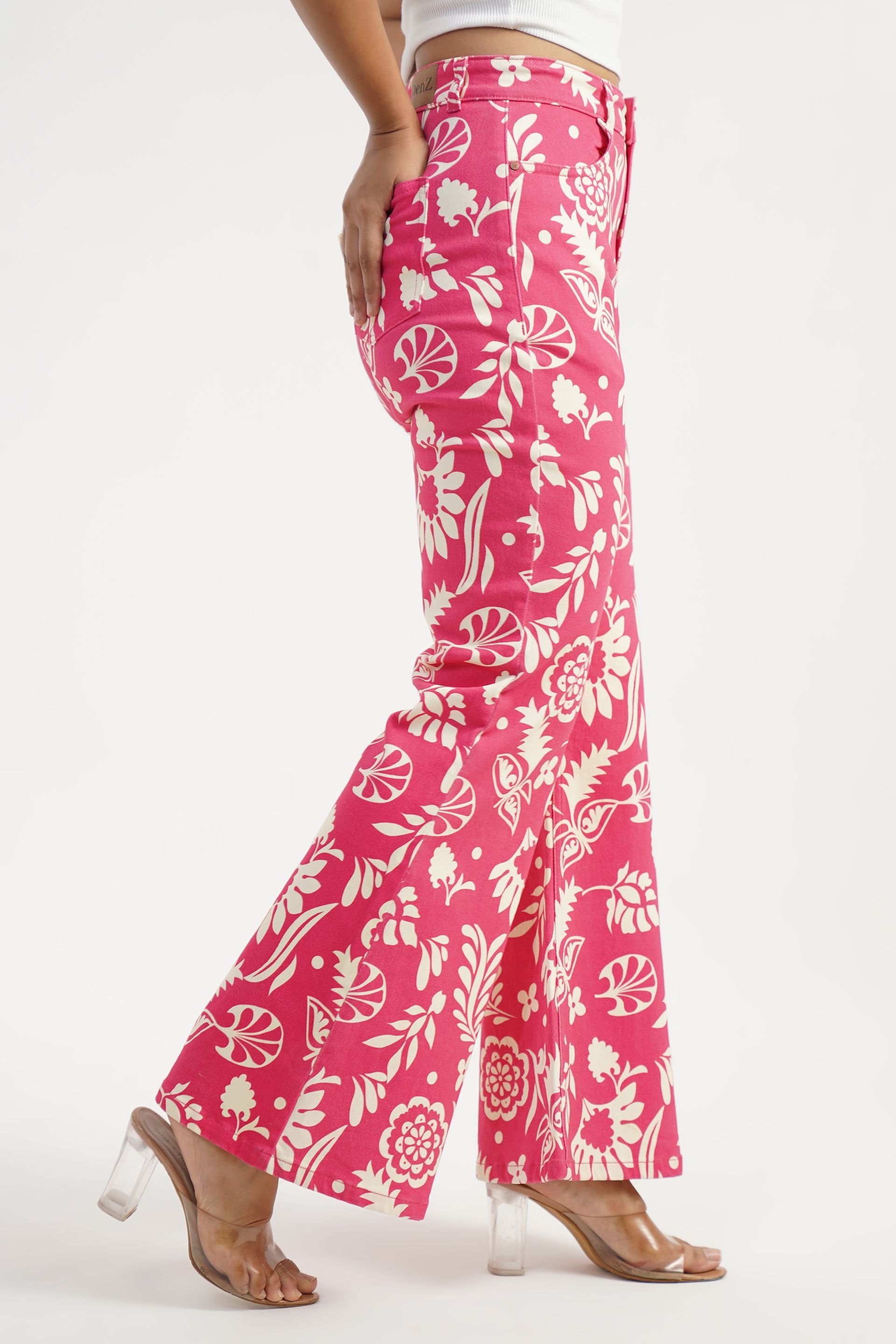 Tropical Flare | Floral Digital Print High Rise Flare Leg Jeans