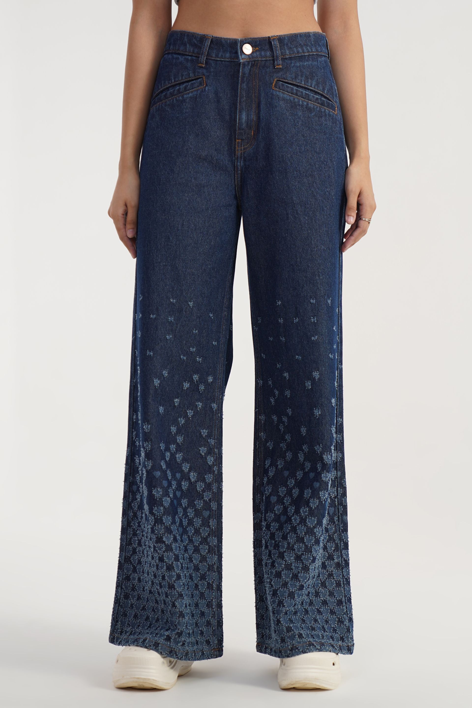 Retro navy Heart Fade Flare jeans, 100% cotton flare-leg jean with enzyme wash, made in India