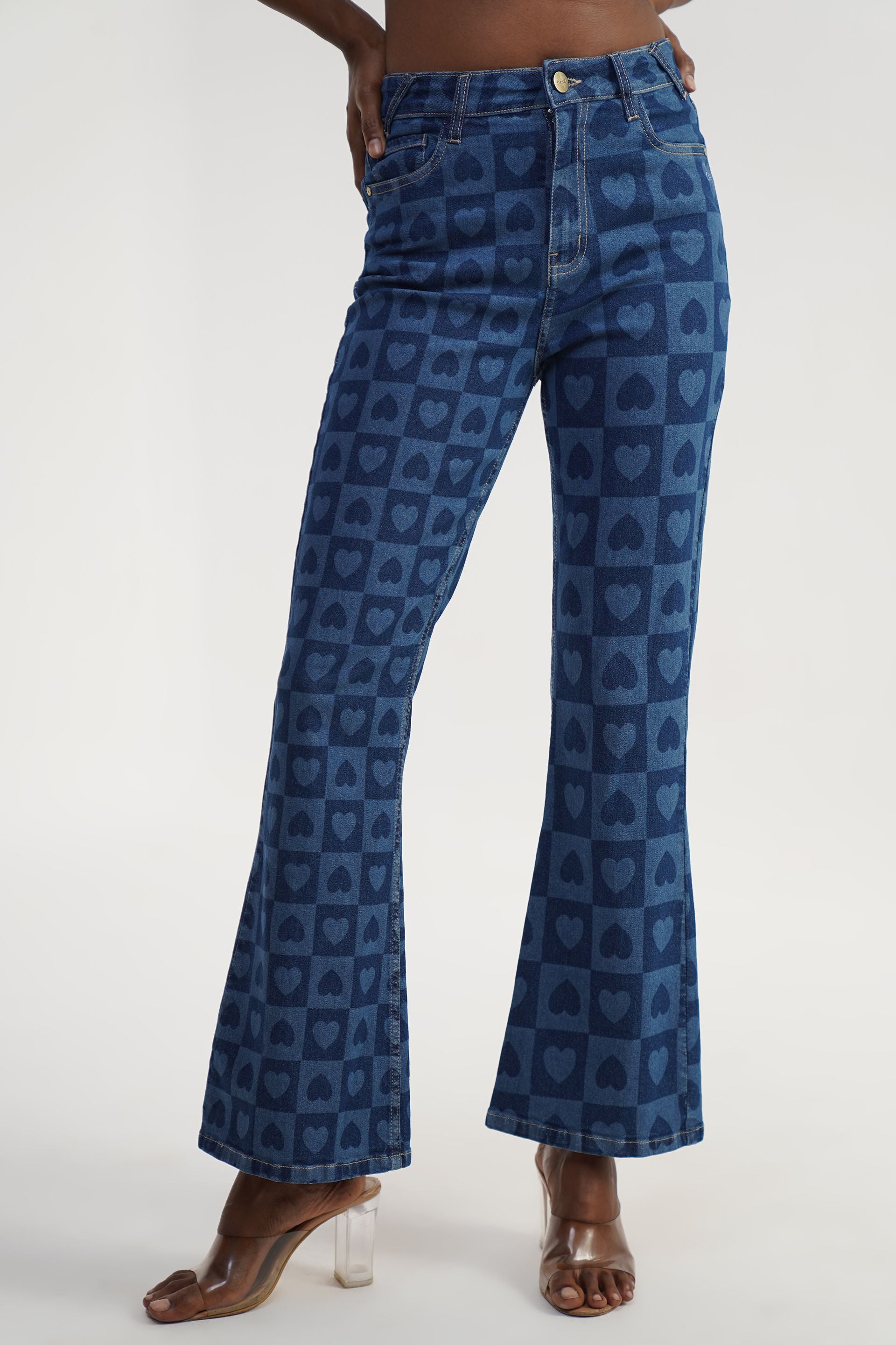 Navy high-rise bootcut jean in rinse wash, retro Pixel Hearts Bootcut style, cotton with stretch