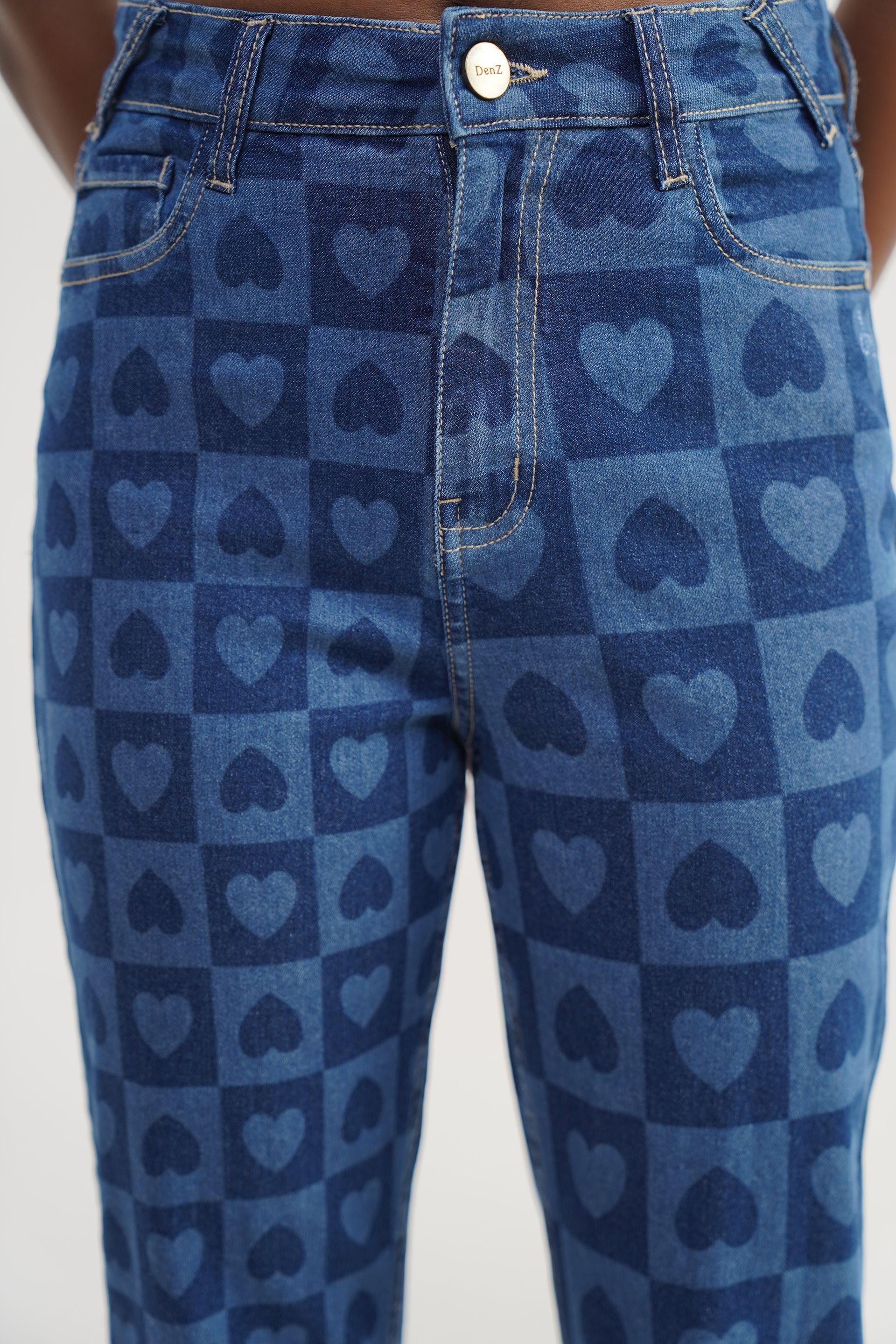 Navy high-rise bootcut jean in rinse wash, retro Pixel Hearts Bootcut style, cotton with stretch
