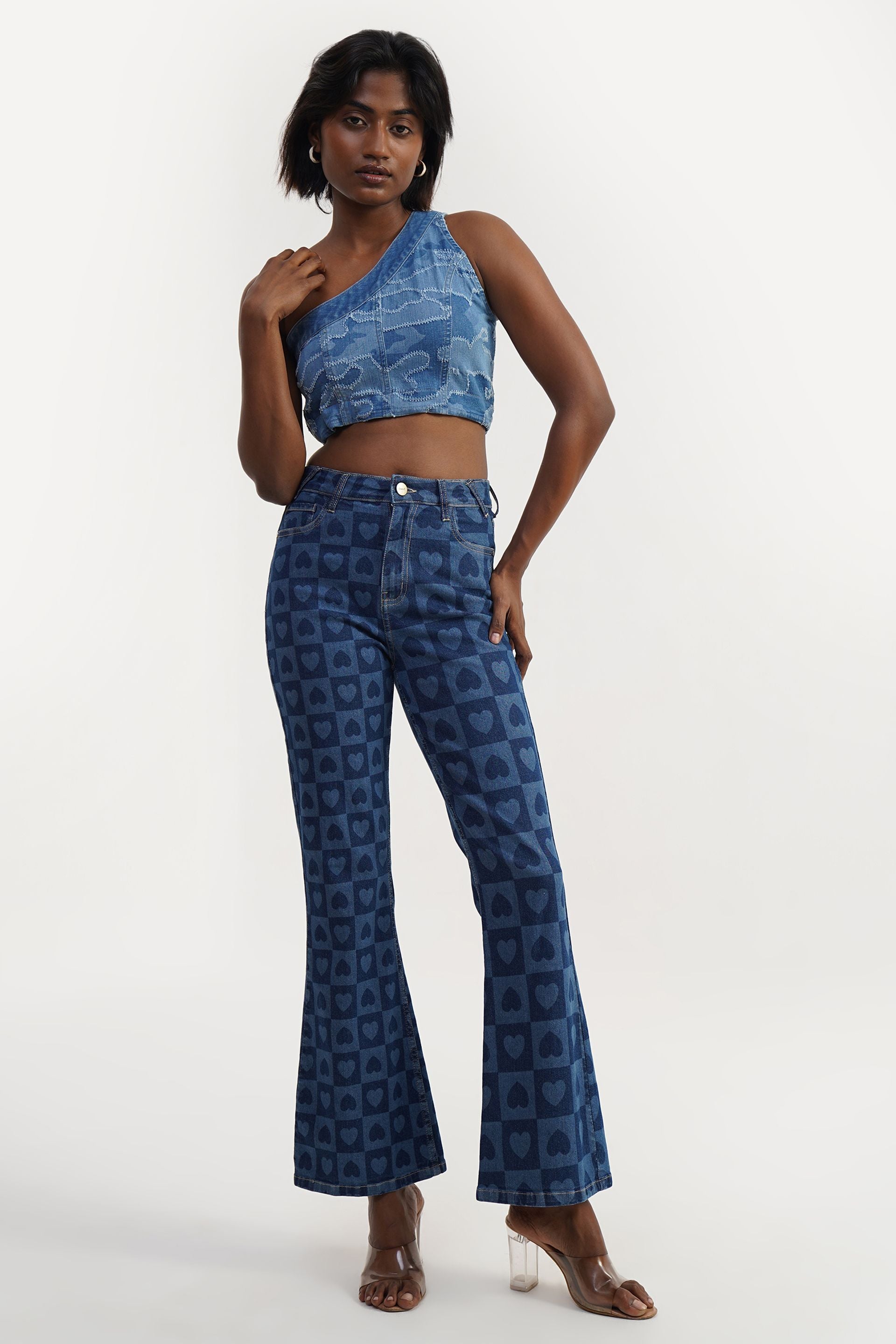 Navy high-rise bootcut jean in rinse wash, retro Pixel Hearts Bootcut style, cotton with stretch