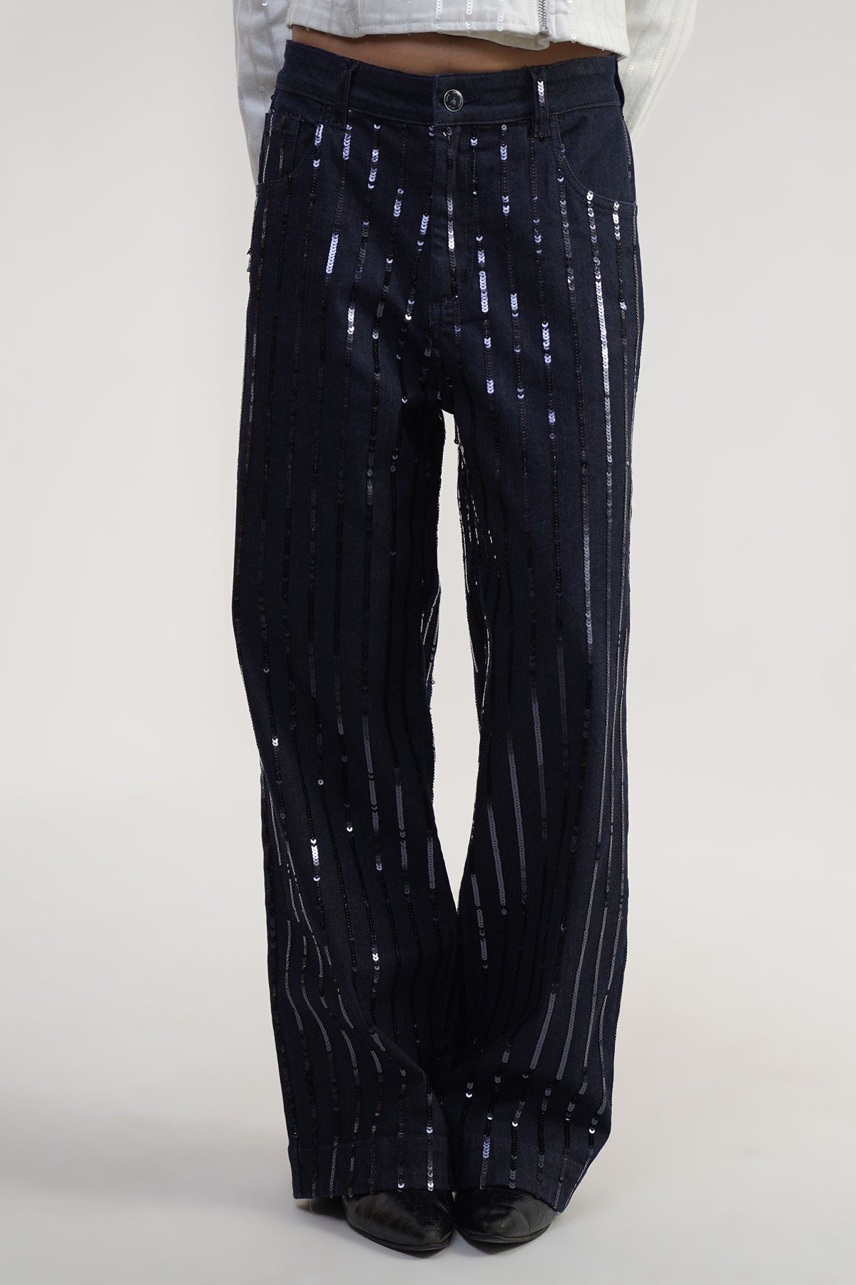 GLAM REBEL | Sequin Stripe High Rise Straight Jeans