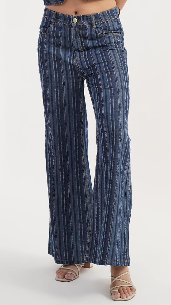 Retro dark blue high rise flare jeans, pure cotton drill textured, relaxed fit, front button zip, two pockets