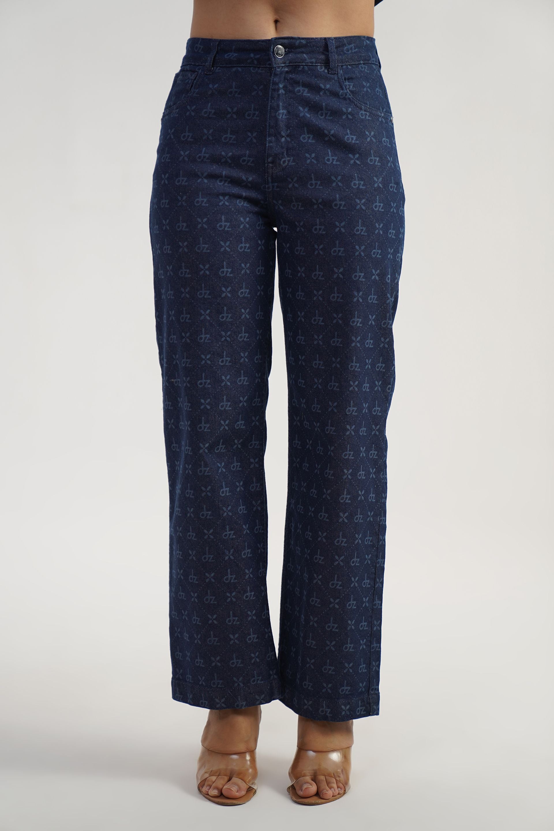 Dark blue high rise straight fit jeans in stretchable cotton with 5 pockets, belt loops, DenZ laser print