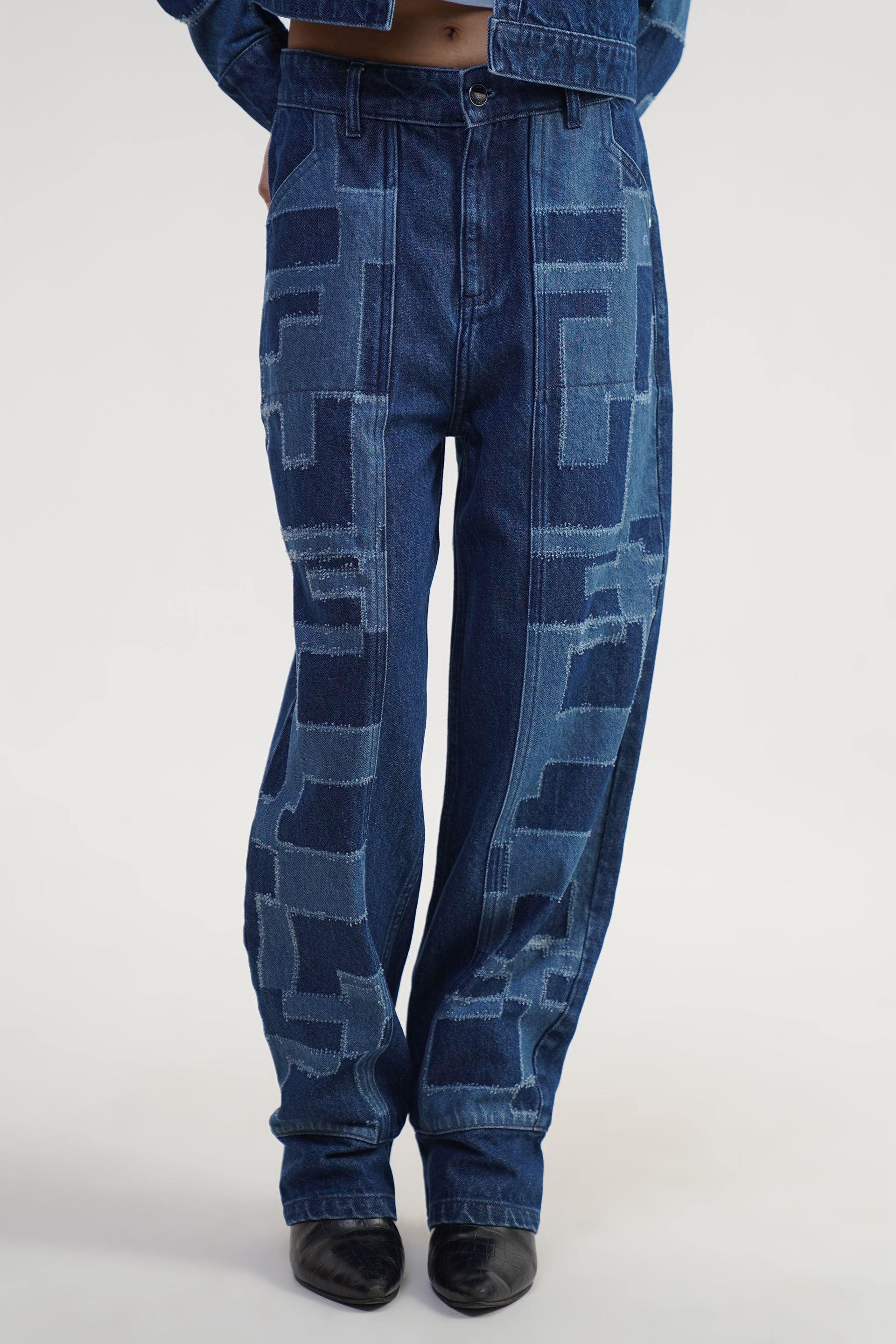 Blue Bastion | Laser Drill Printed High Rise Barrel Fit Jeans