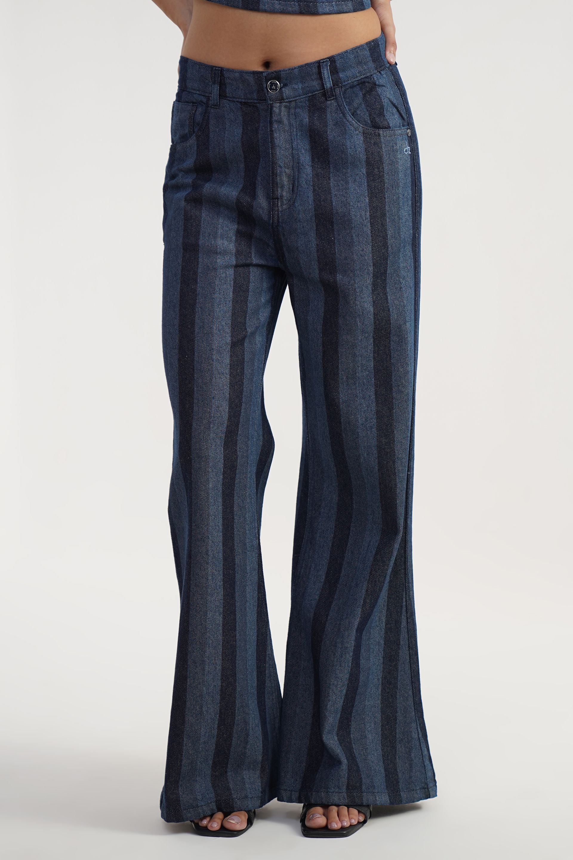 IndiVibe | High rise flare leg stripe laser print Jeans