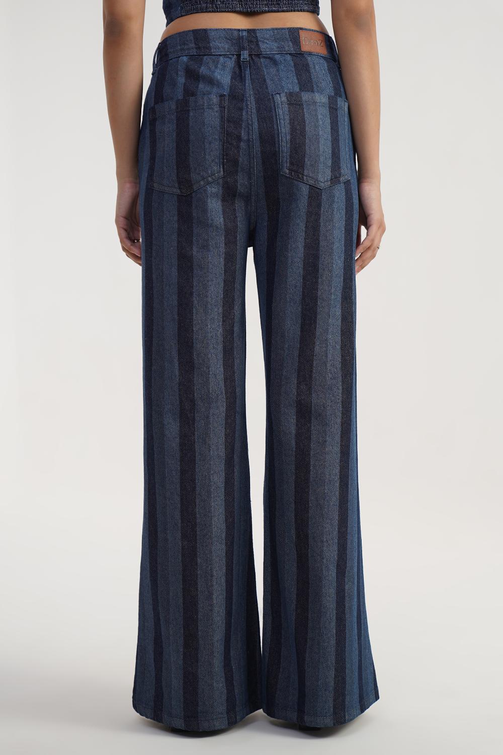 IndiVibe | High rise flare leg stripe laser print Jeans