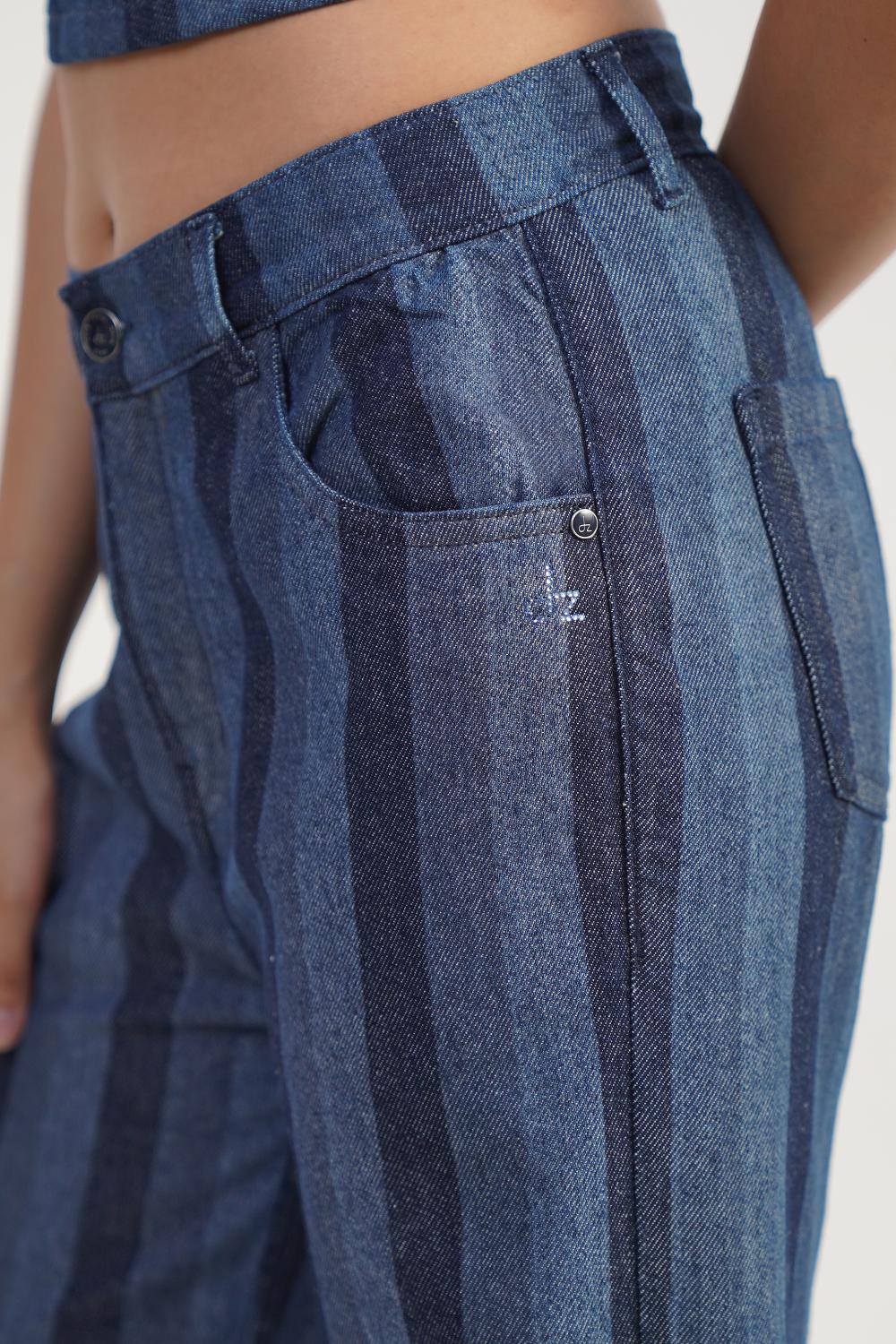 IndiVibe | High rise flare leg stripe laser print Jeans