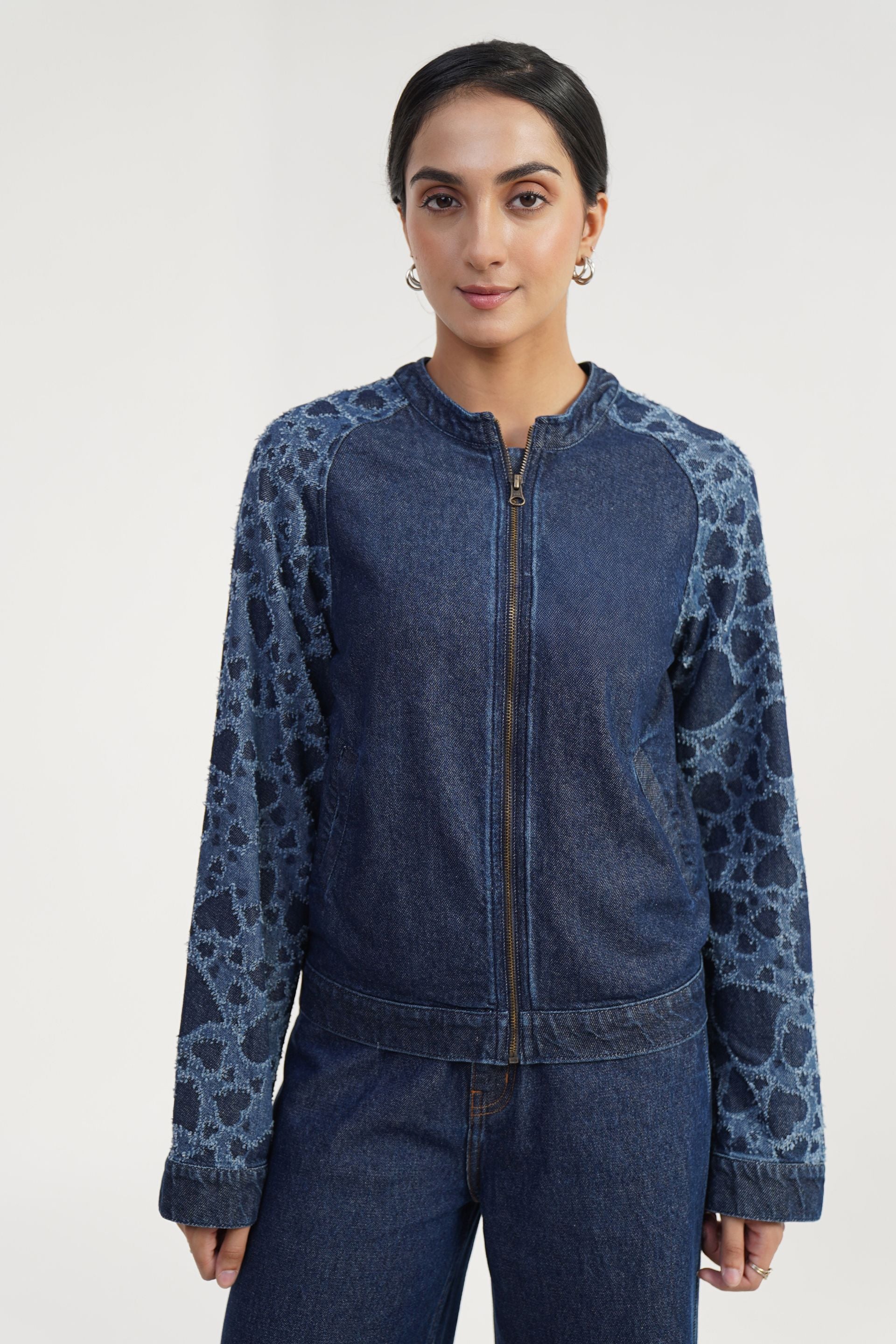 Navy textured laser drill denim jacket, relaxed fit light wash cotton, retro look with Laser Edge Blue Carve details