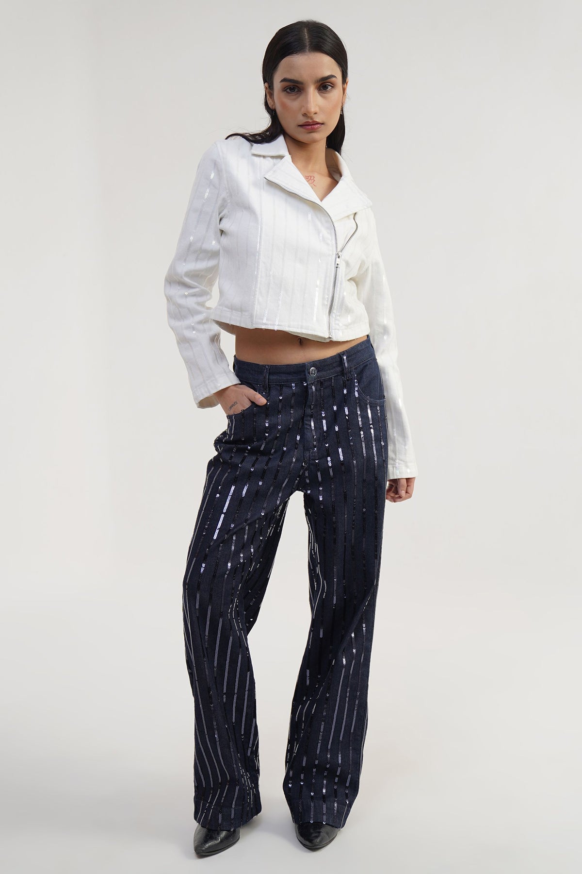 Crystal Rider Jacket | Sequin Stripe Biker Cropped Jacket