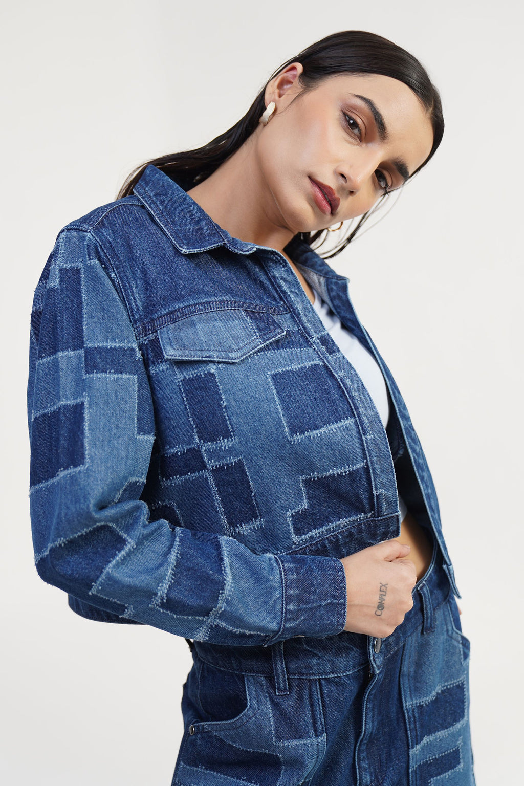 Urban Blue  Bastion | Laser Drill Printed Denim Crop Jacket