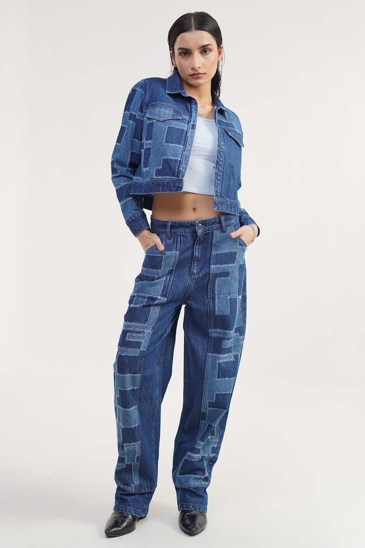 Urban Blue  Bastion | Laser Drill Printed Denim Crop Jacket