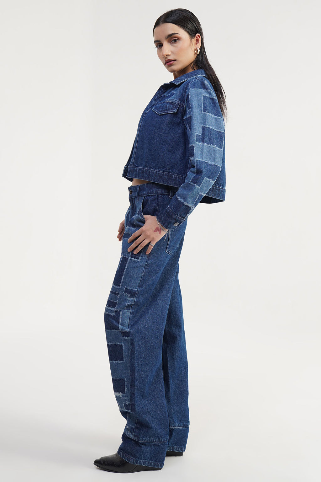 Urban Blue  Bastion | Laser Drill Printed Denim Crop Jacket