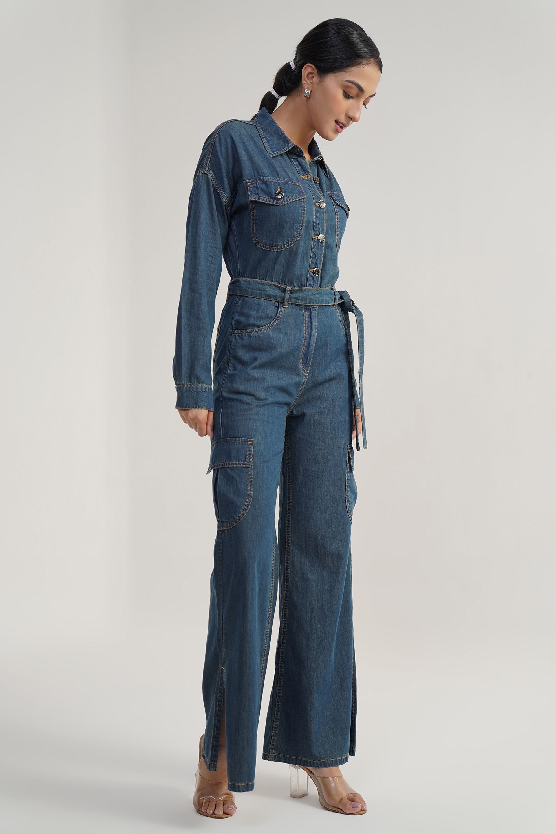 Navy belted workwear-style denim jumpsuit, straight fit cargo design, 100% cotton, retro look