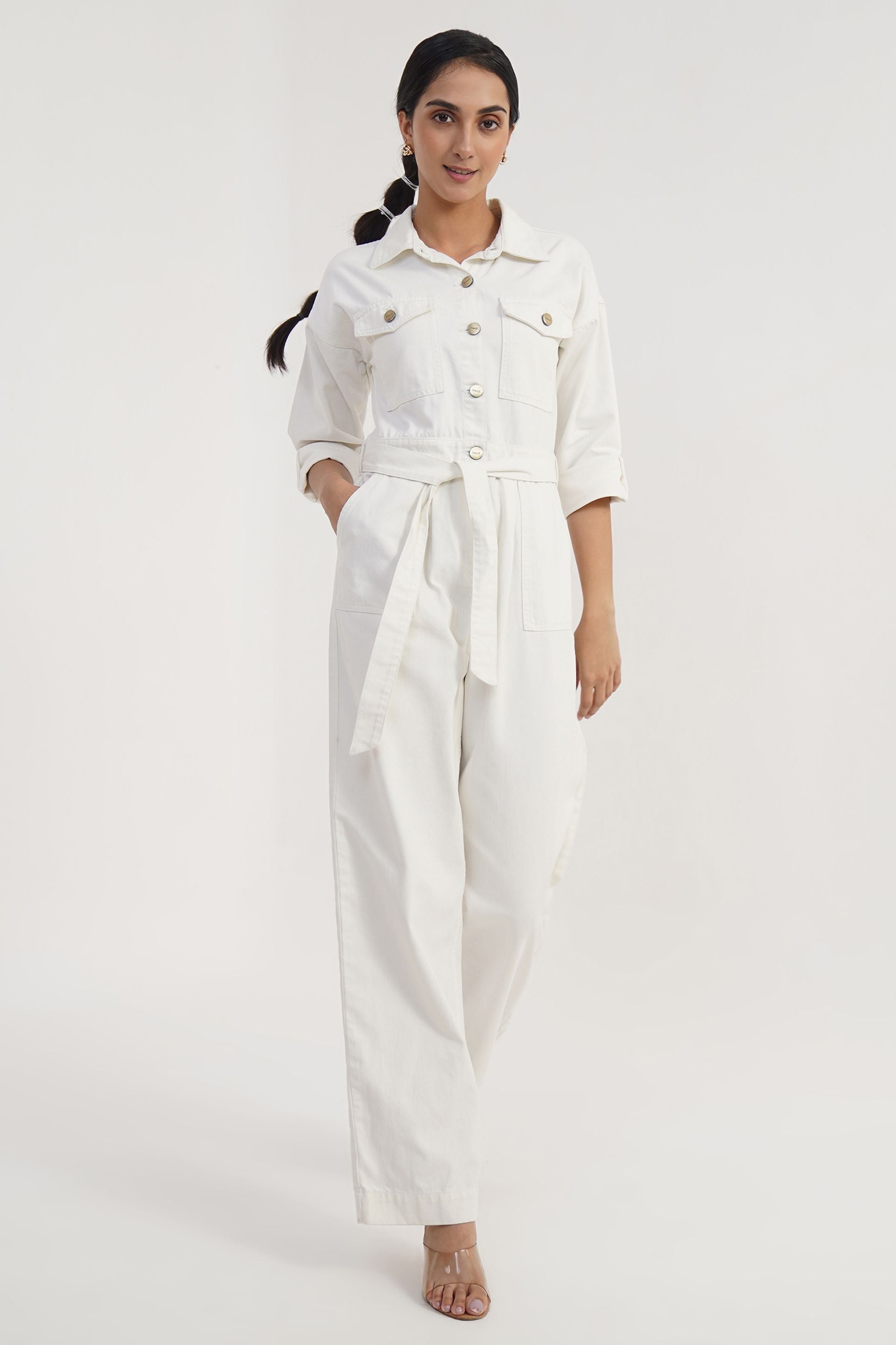 Off white pure cotton straight fit jumpsuit, relaxed minimal style with 4 pockets, belt loops and fabric belt